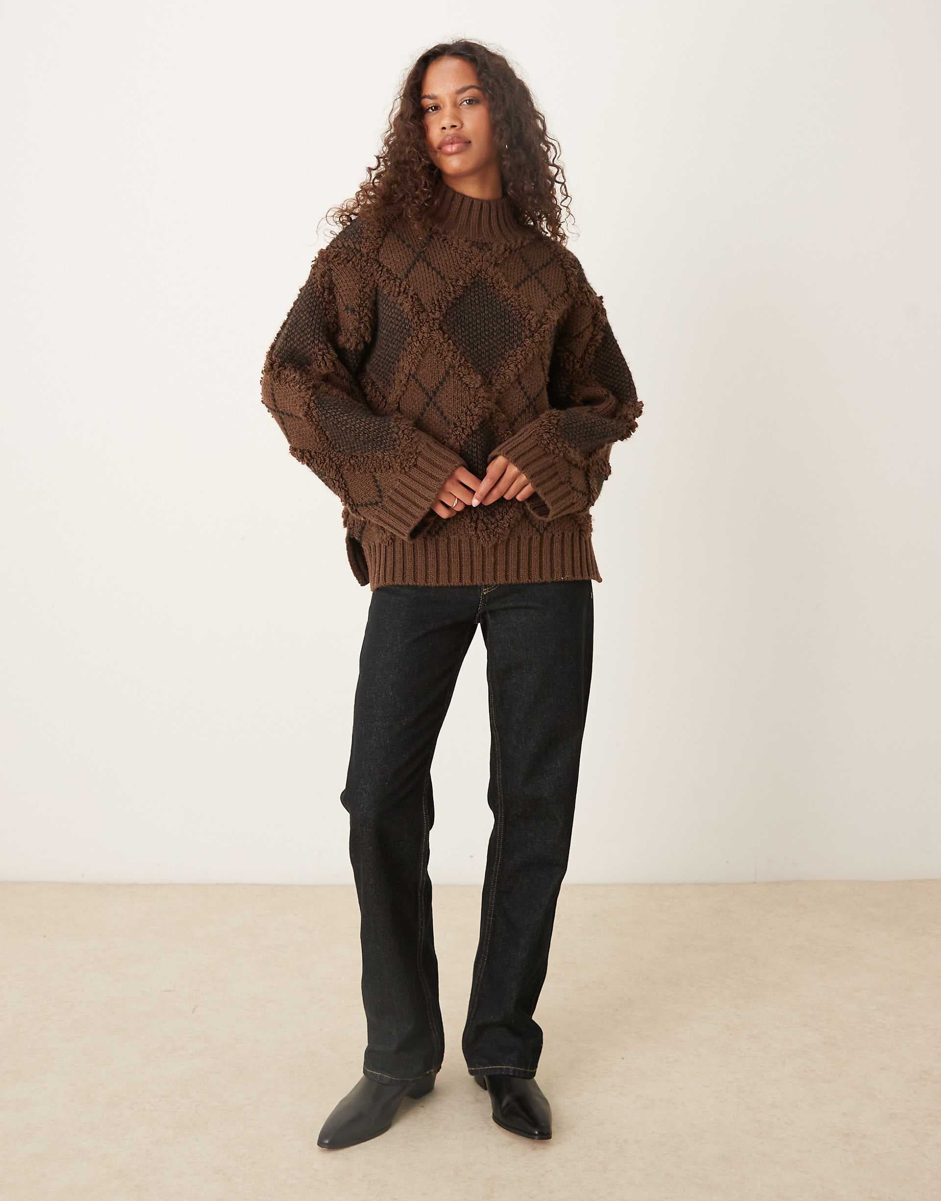 ASOS DESIGN fringed plaid oversized sweater in chocolate
