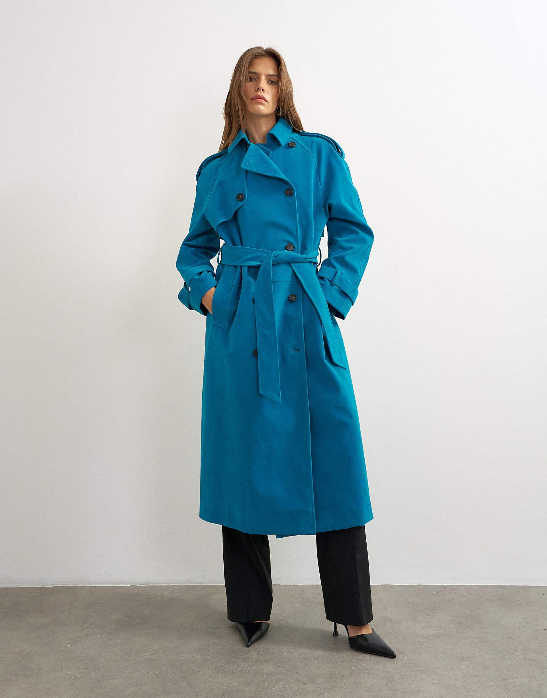 Topshop longline oversized faux suede trench coat in blue