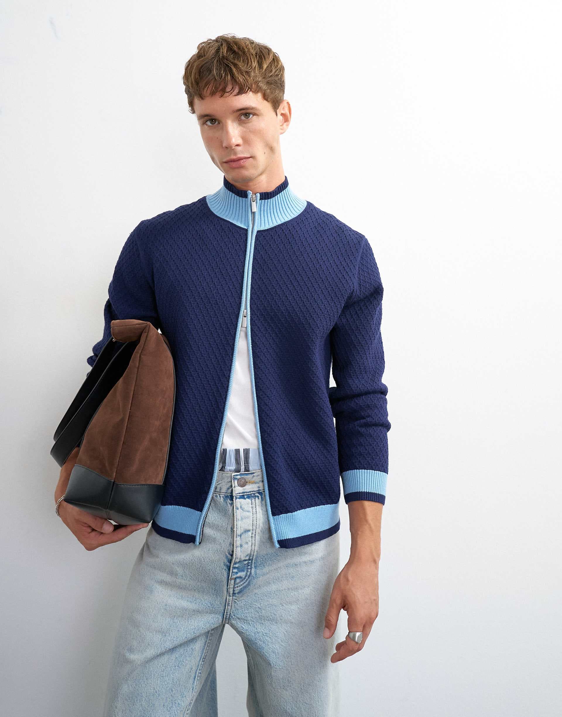 Topman regular fit knit track cardigan in blue