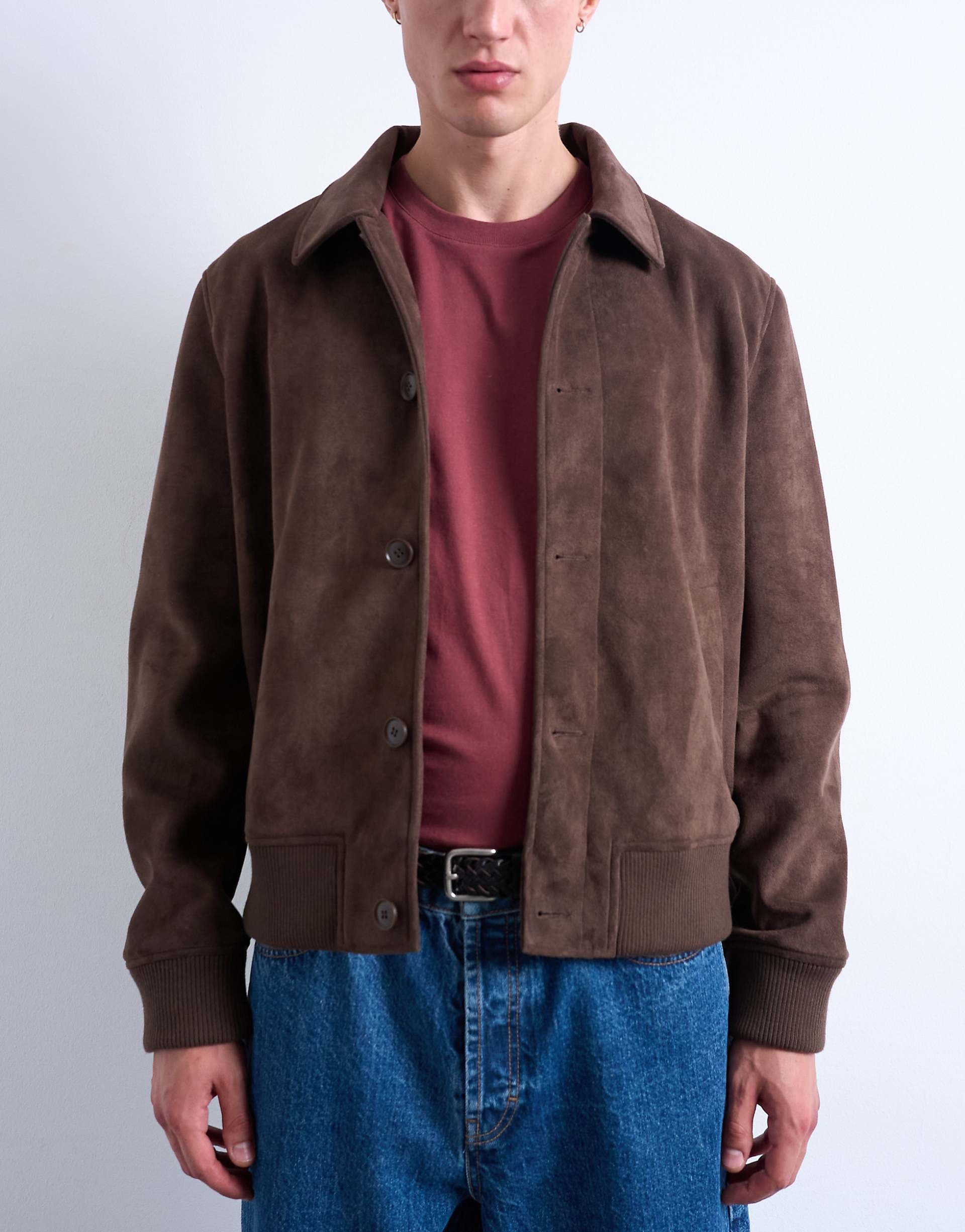 Topman faux suede harrington jacket in brown