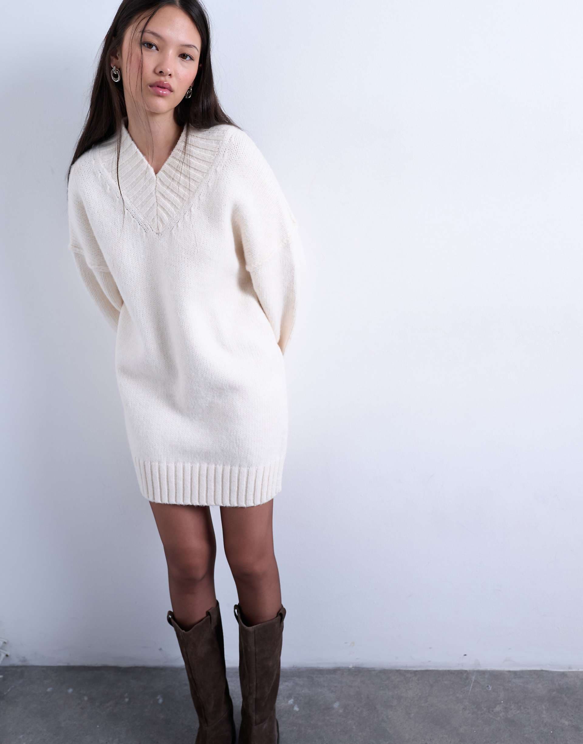 Topshop knit high v-neck mini oversized sweater dress in ivory