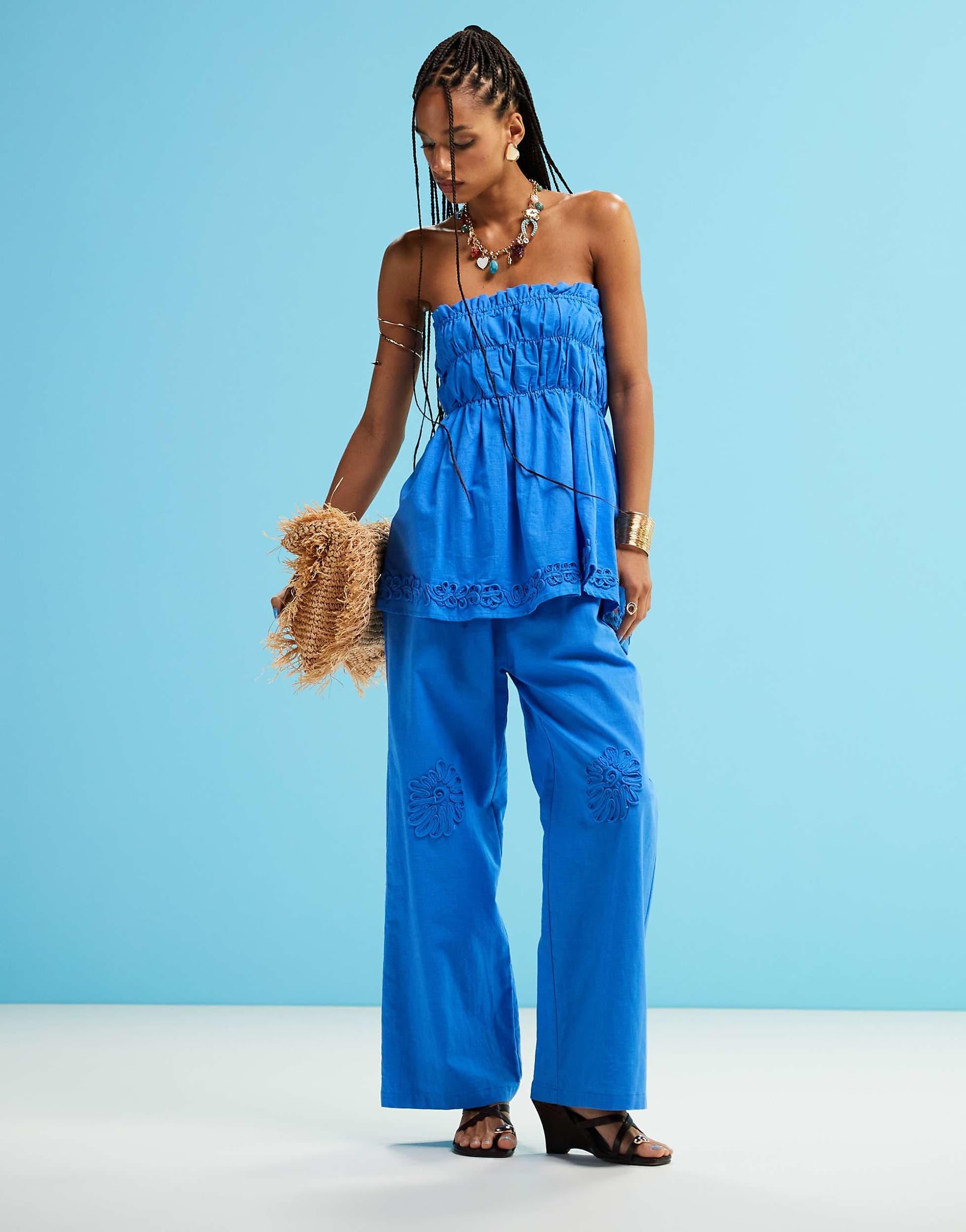 SNDYS linen blend poplin flower applique wide leg pants in bright blue