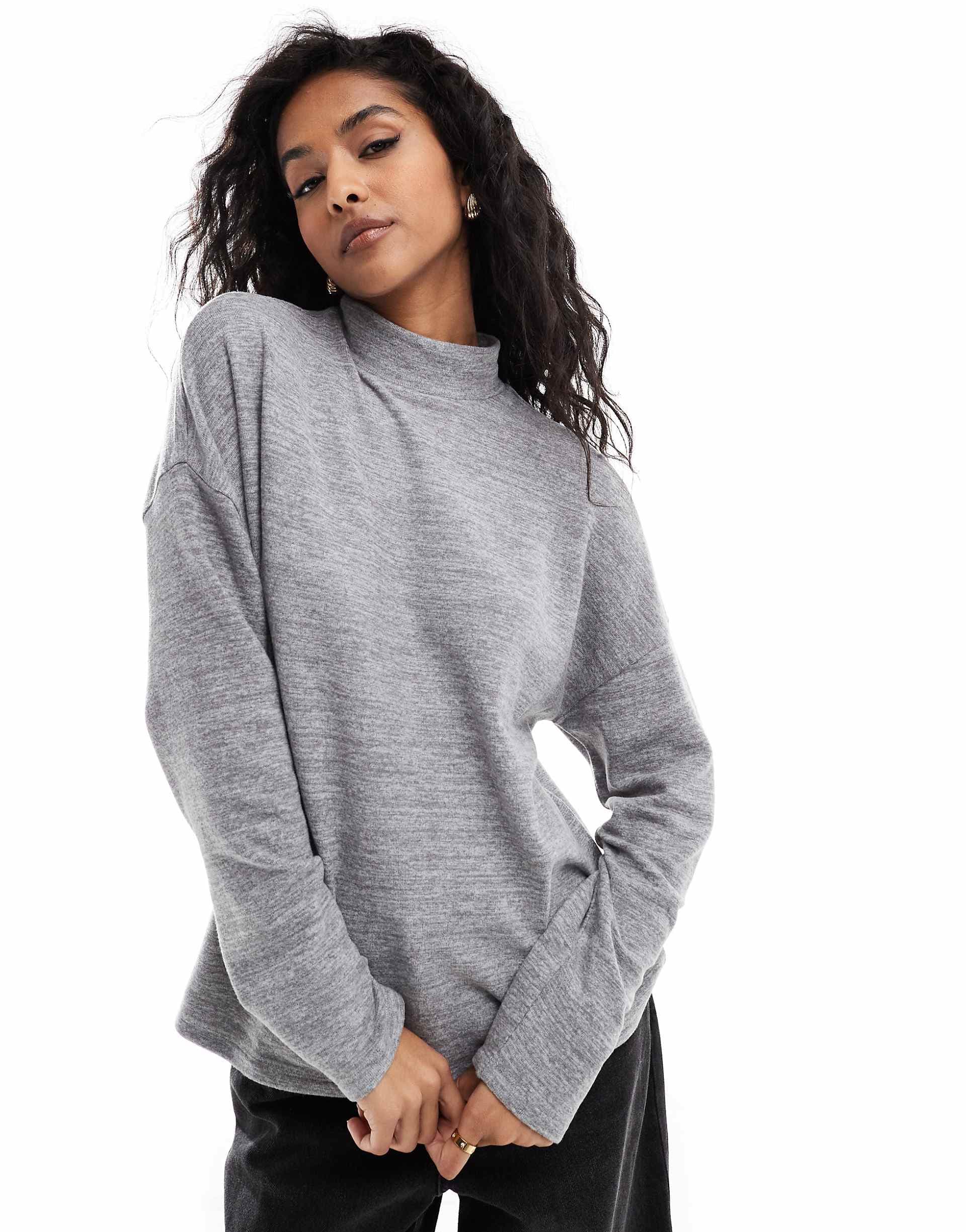 Vero Moda high neck oversized jersey top in light gray melange