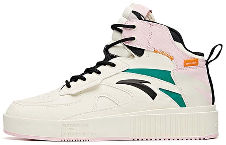 ANTA Life Collection Skateboard Shoes Women's High-Top Light Beige White/Black/Fruit Pink