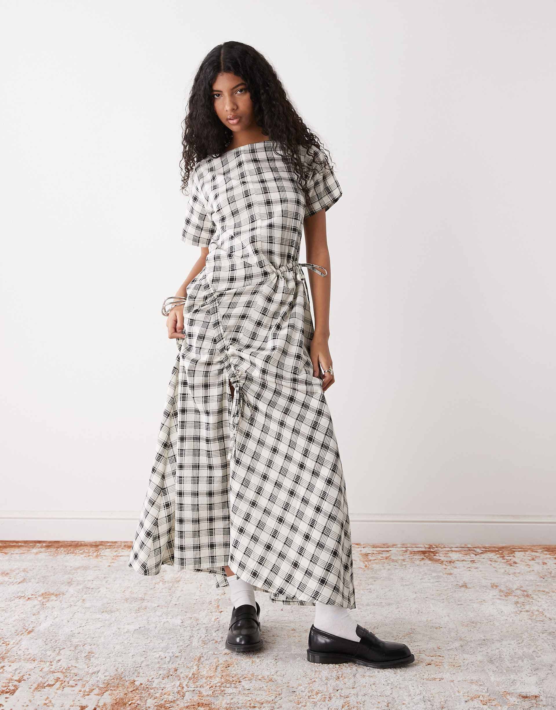 COLLUSION multi channel detail maxi dress in neutral plaid