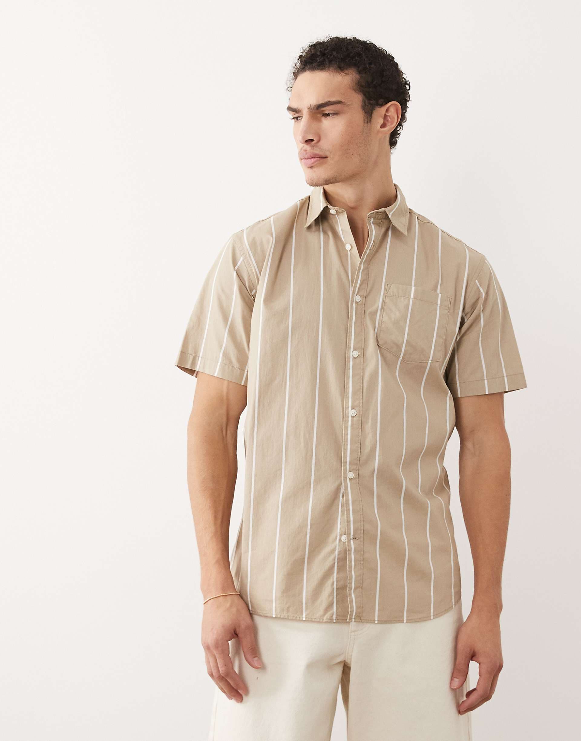 Jack & Jones short sleeve slim shirt in beige stripes