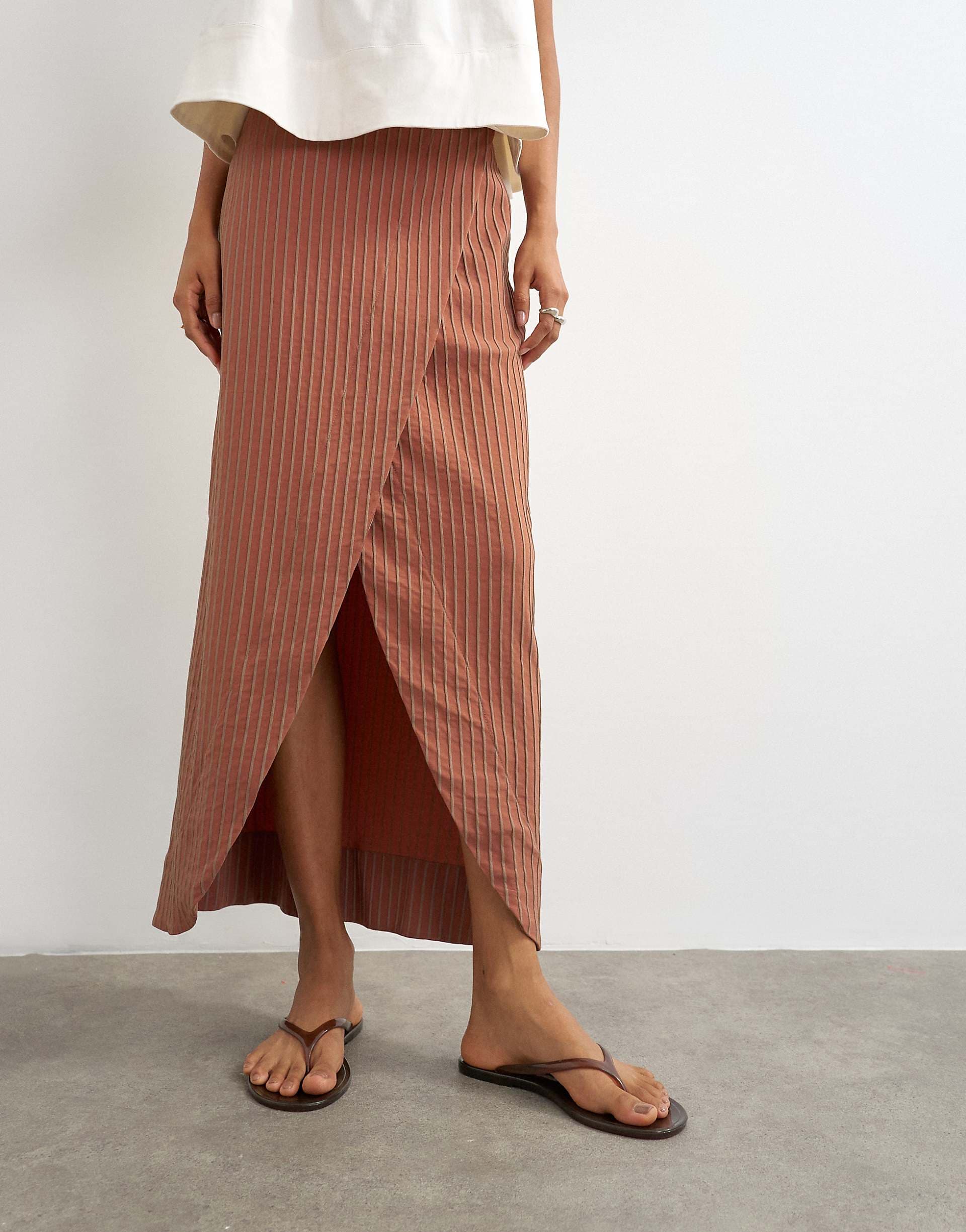 Topshop wrap maxi skirt in rust stripes