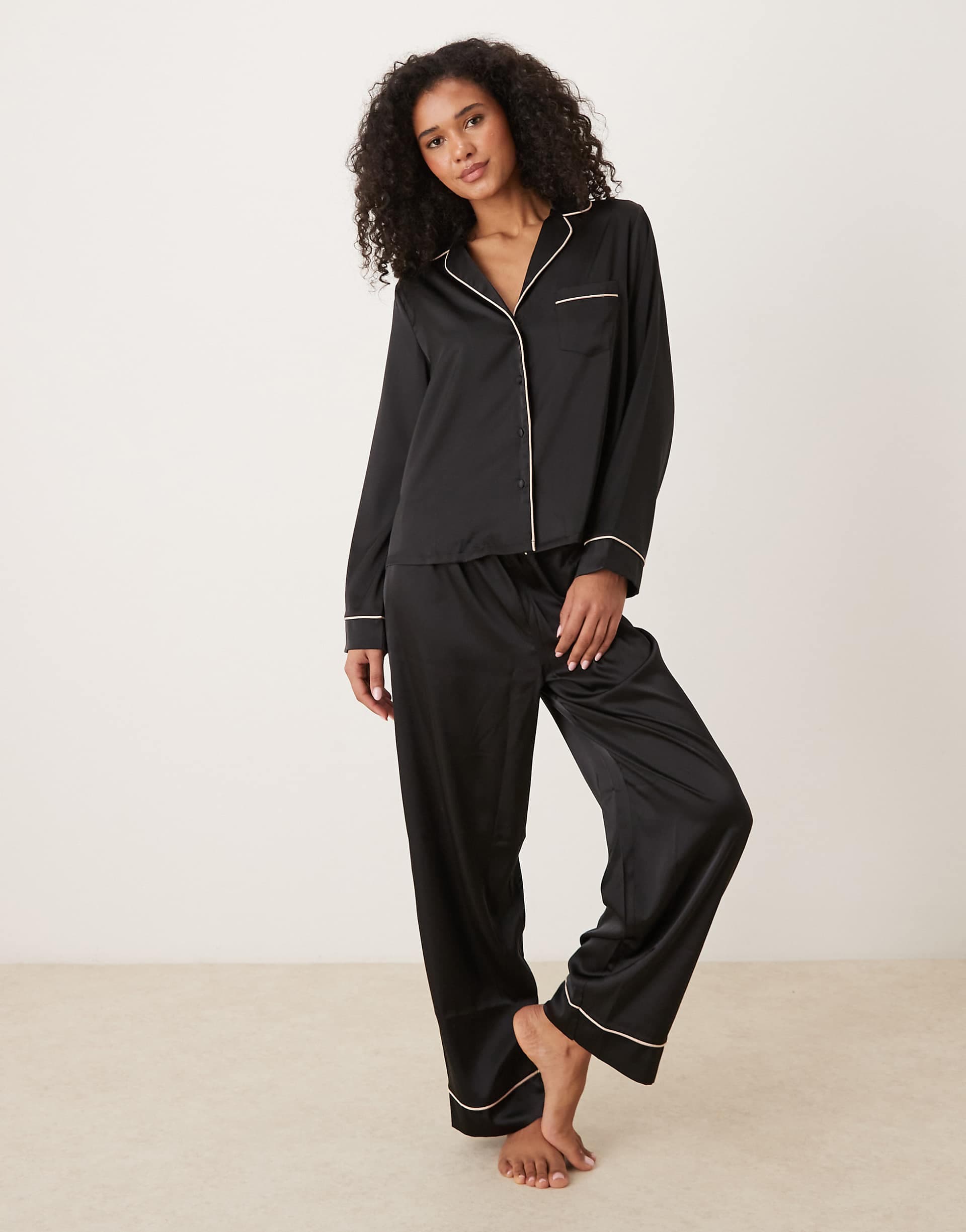 ASOS DESIGN satin shirt & pants pajama set in black