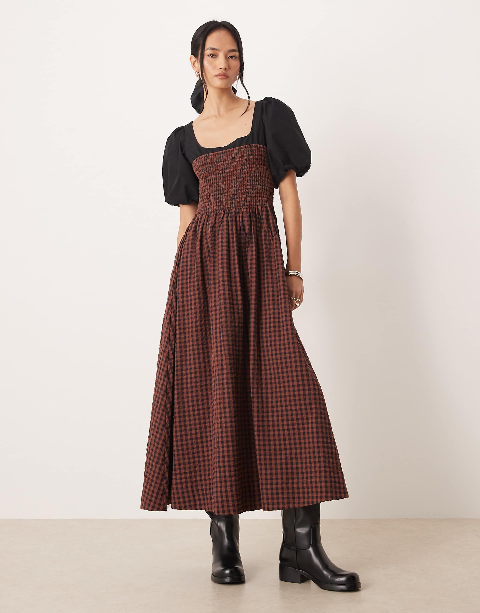 ASOS DESIGN shirred bodice maxi dress with puff sleeve in chocolate gingham