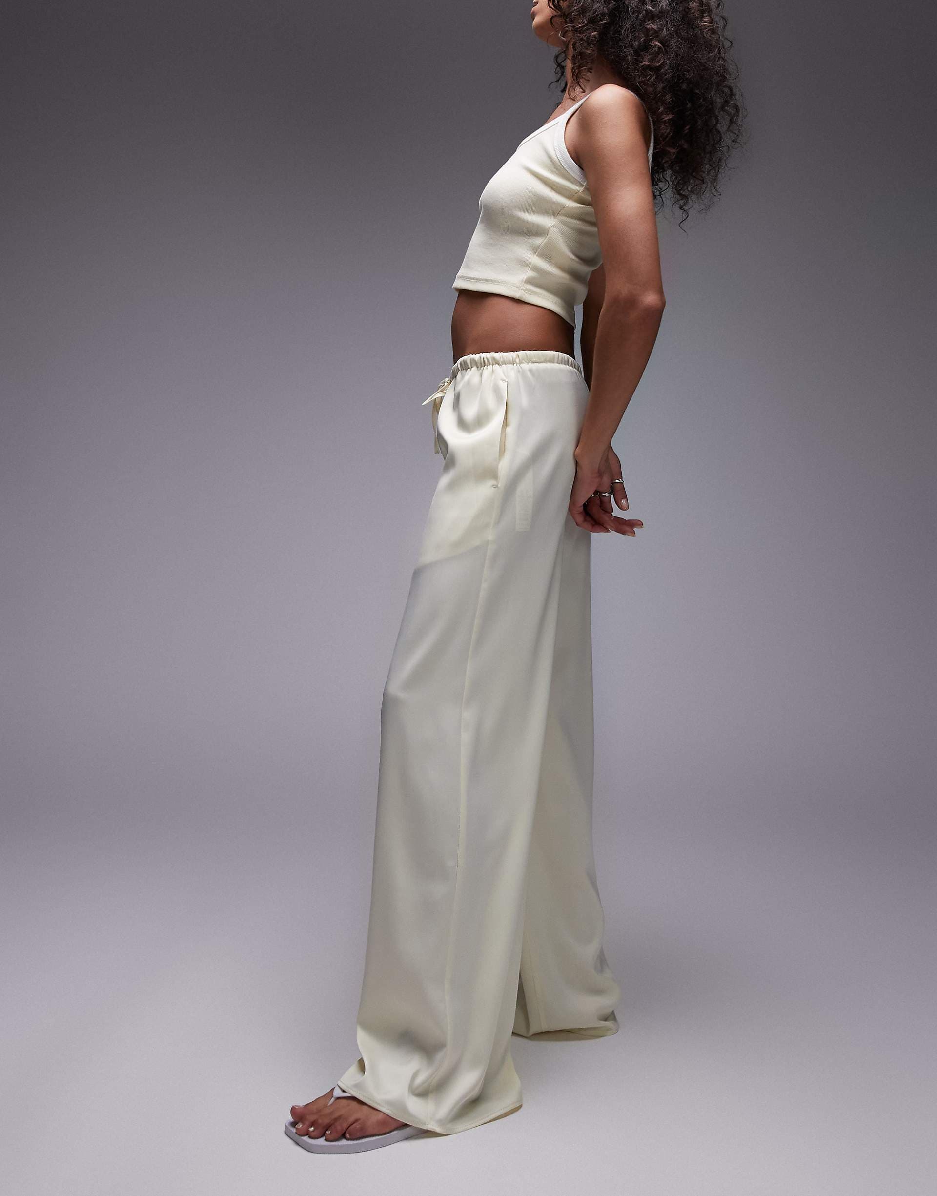 Topshop satin tie waist wide leg pants in buttermilk