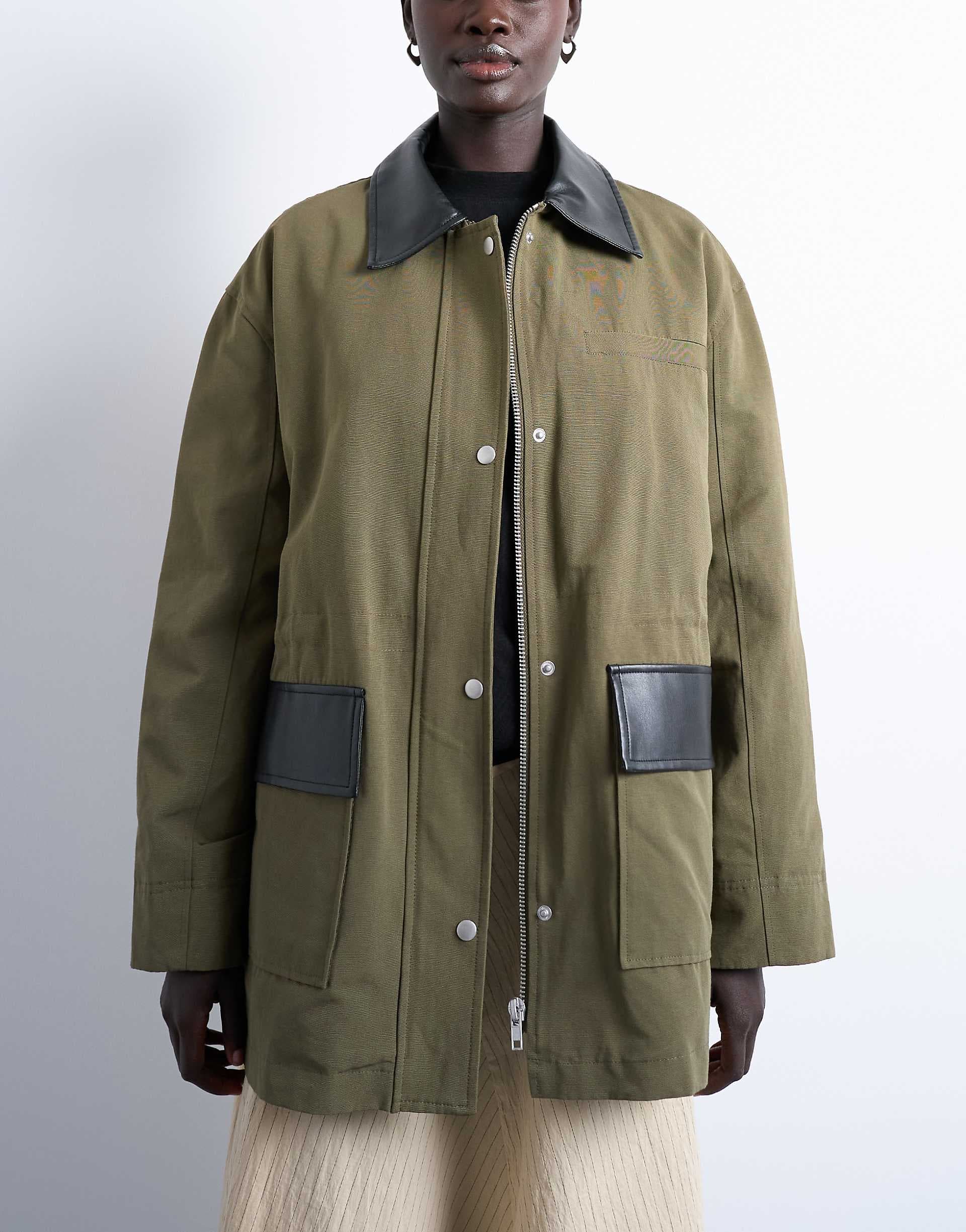 Topshop shacket with patch pocket in dark green