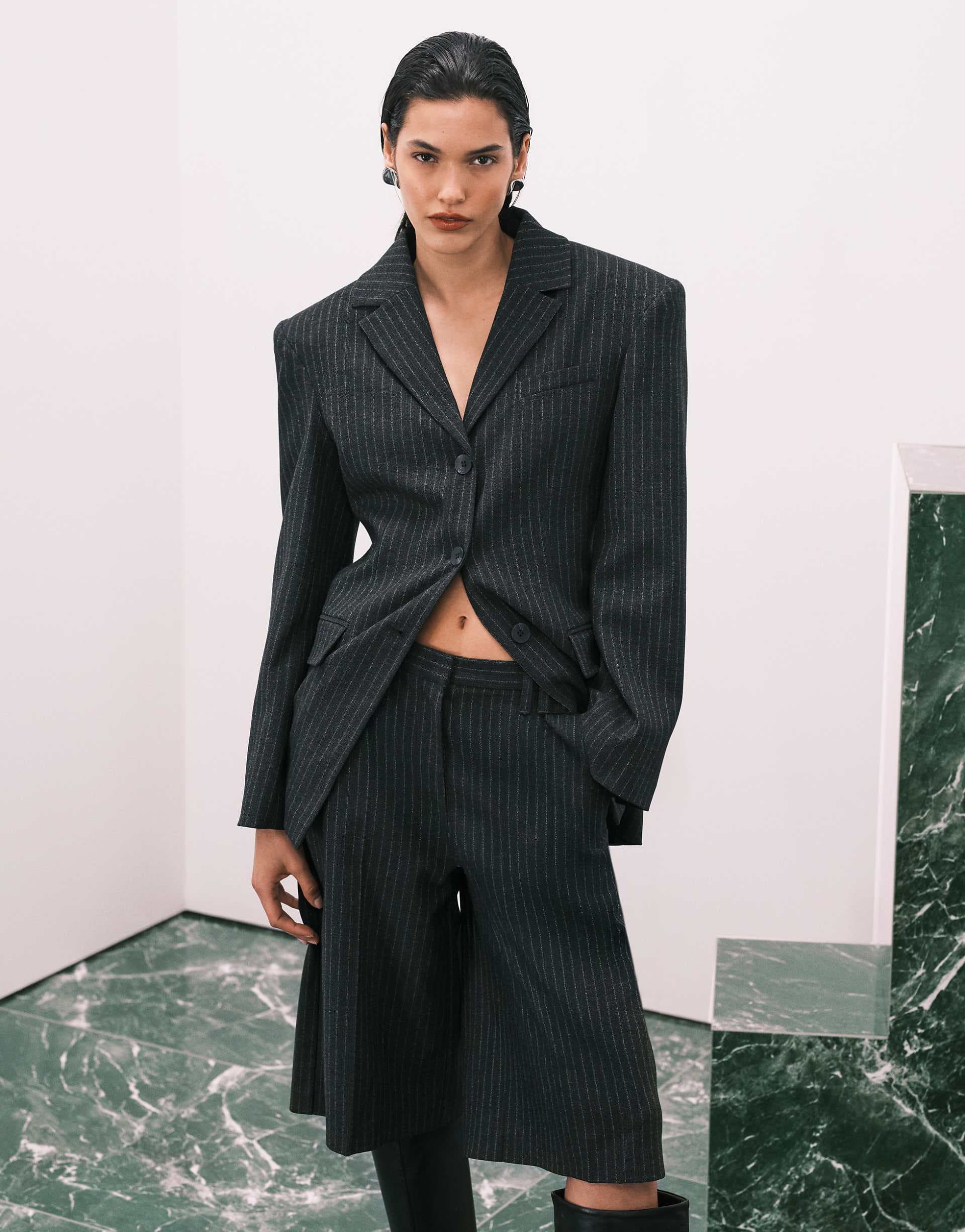 ASOS DESIGN longline bold shoulder blazer in black pinstripe