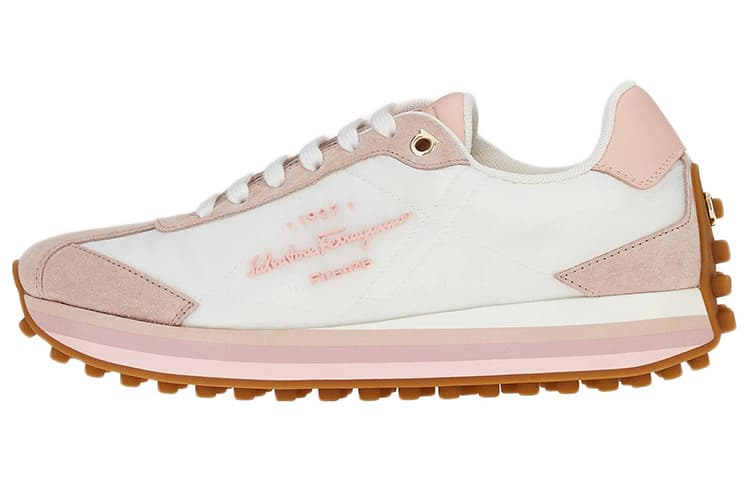 FERRAGAMO Calfskin Nylon Driving Sole Low-Top Casual Shoes Women's White Pink