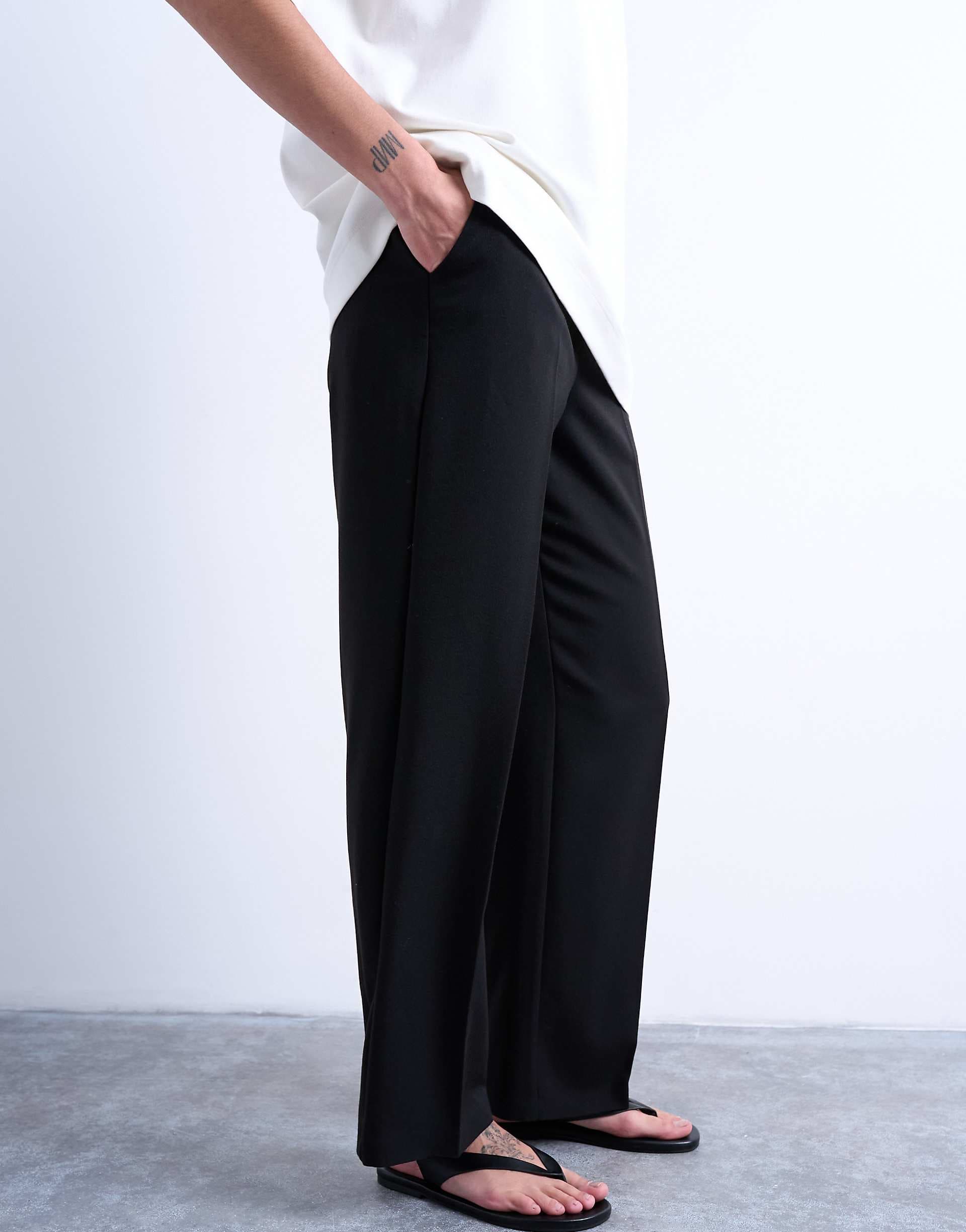 Topshop pleated straight leg pants in black