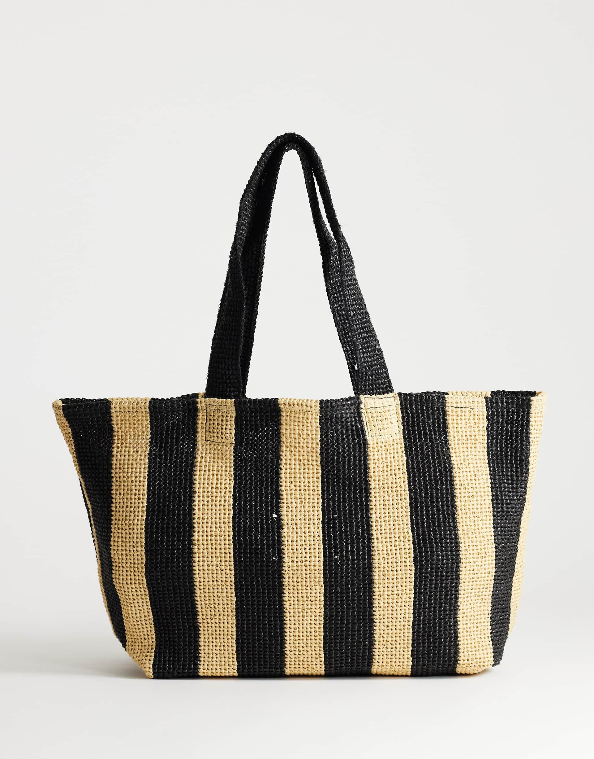 Topshop Selia large striped straw tote in black & natural