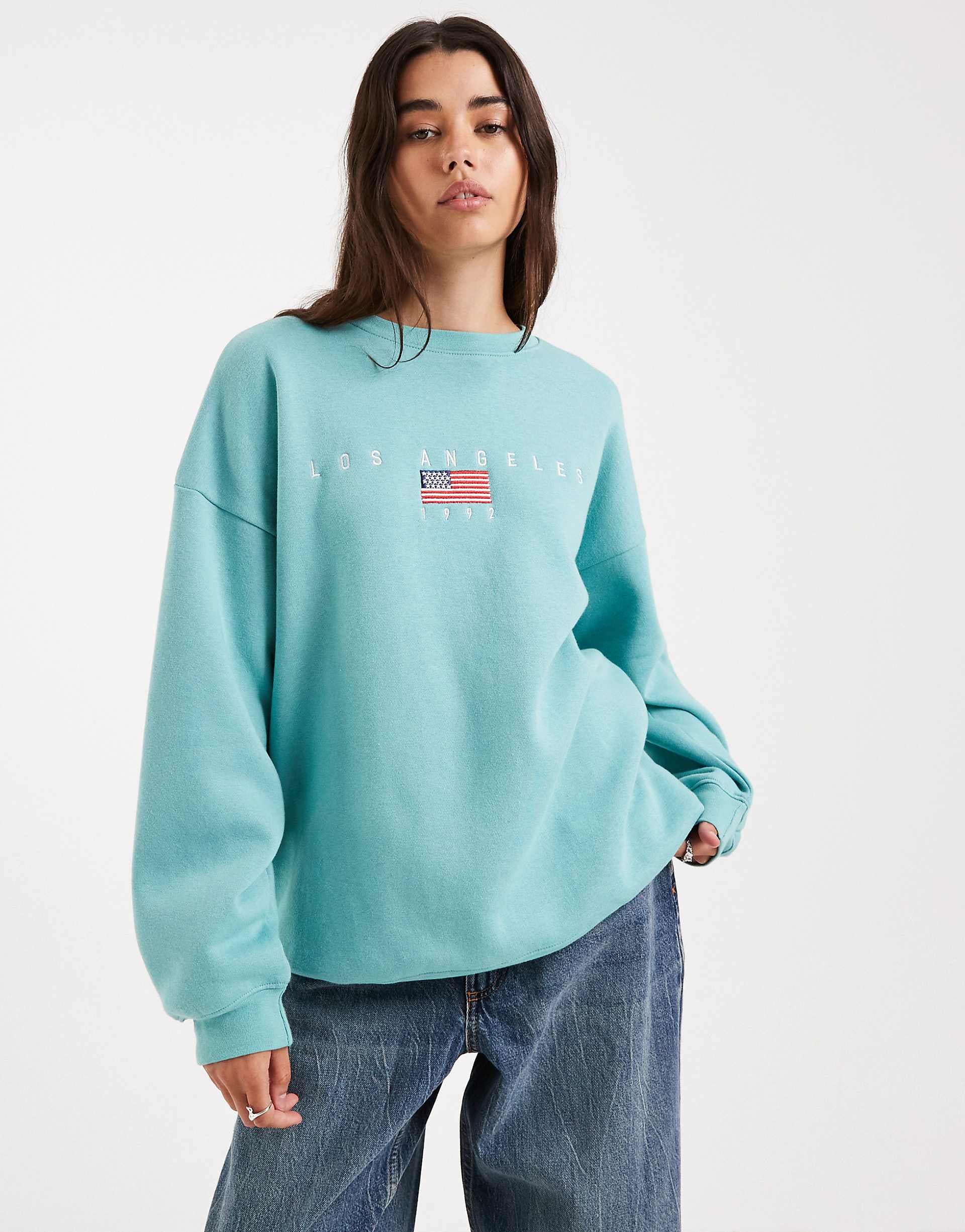 Daisy Street embroidered LA sweatshirt in light blue