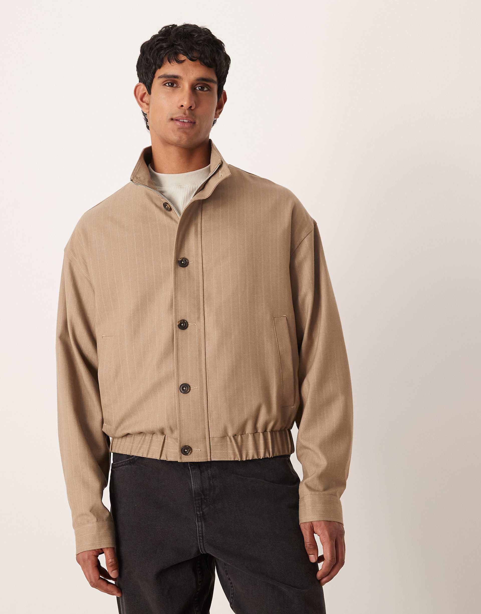 ASOS DESIGN relaxed dressy track jacket in brown stripes