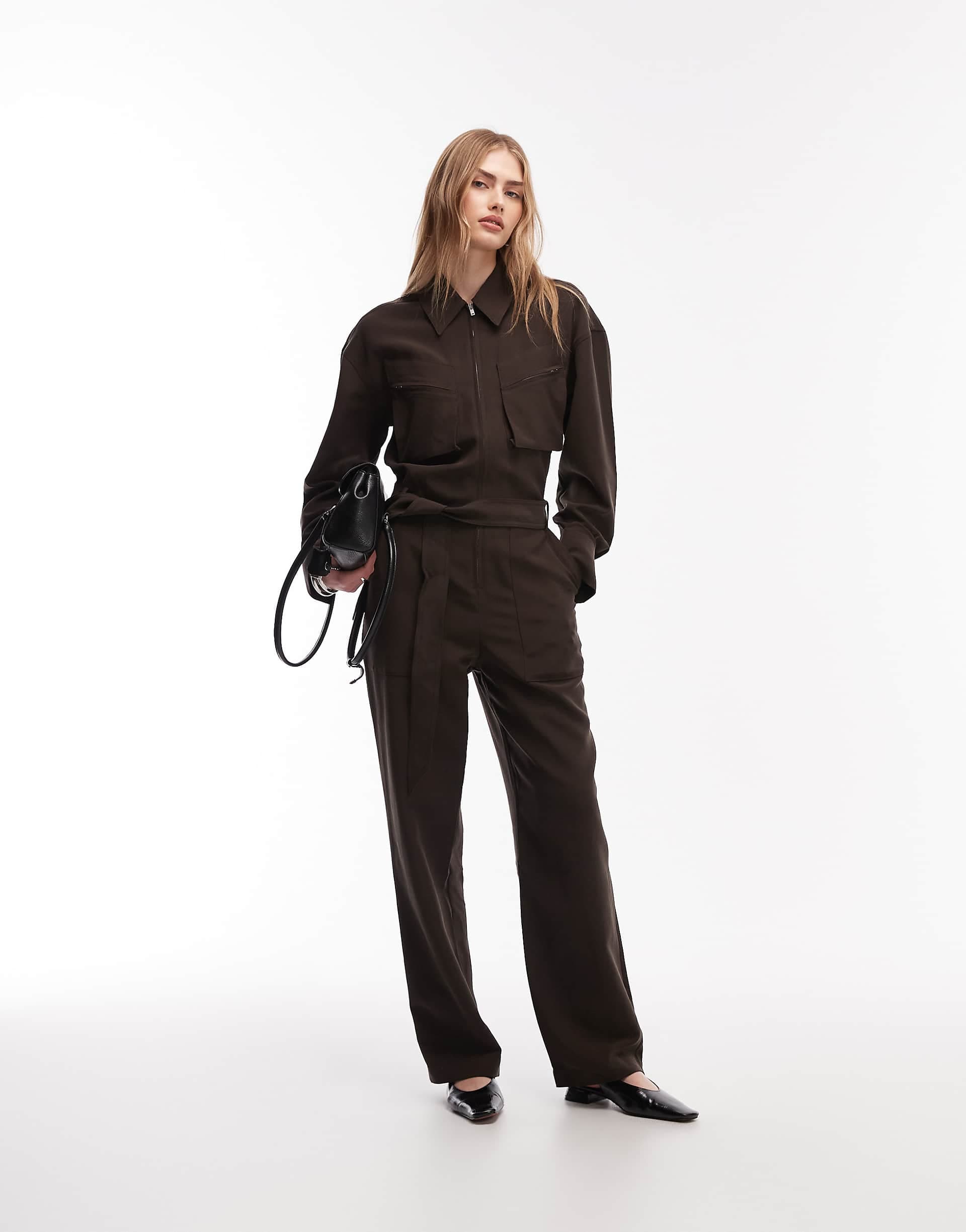 & Other Stories pure cotton utility style jumpsuit with tie front belt in brown