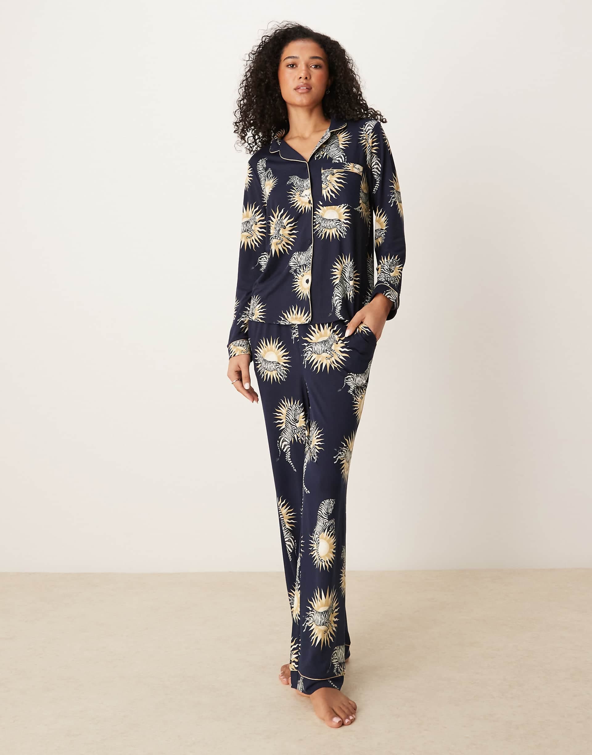 Chelsea Peers poly long sleeve camp collar pajama set in sun and zebra print