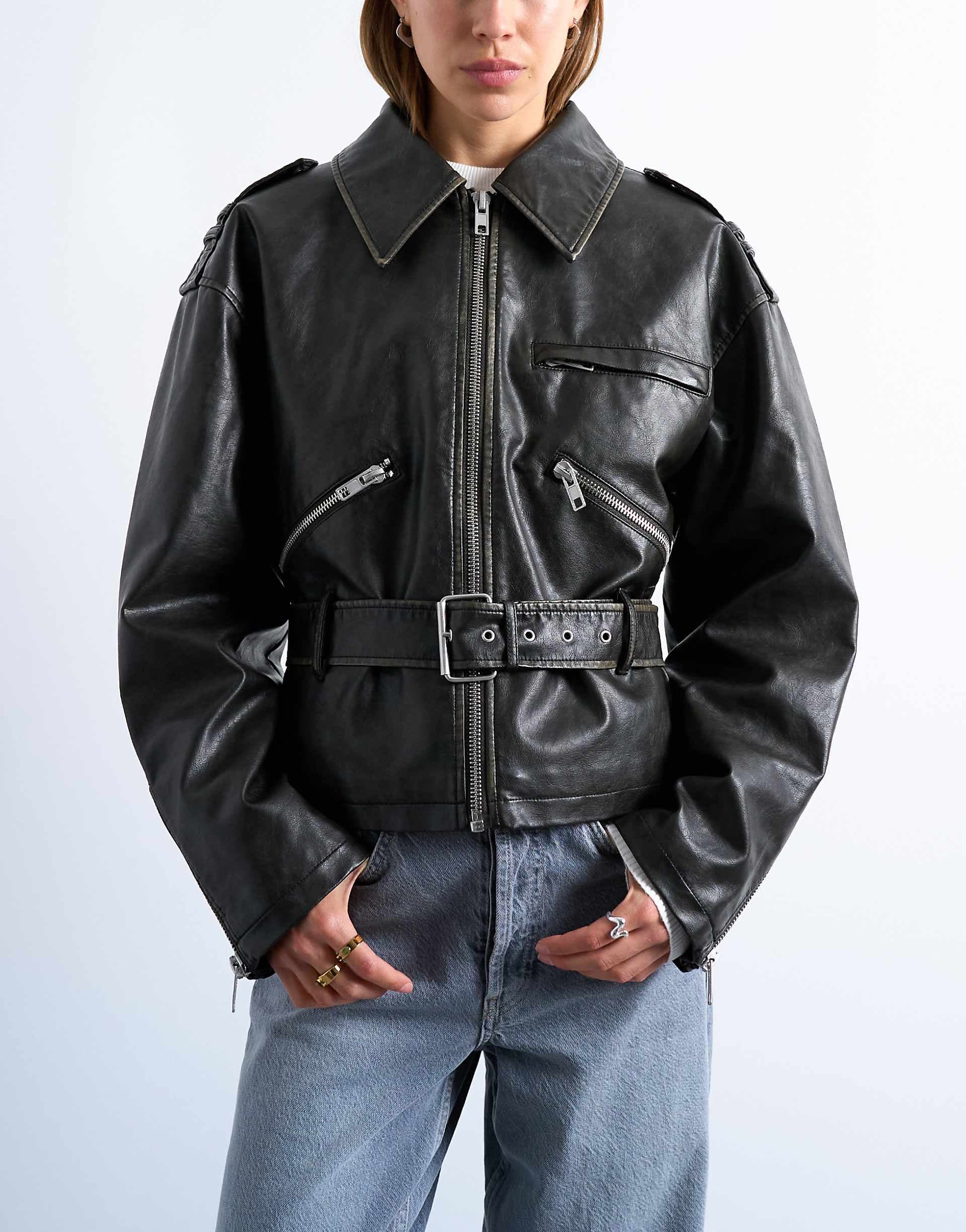Topshop faux leather low belted biker jacket in washed black