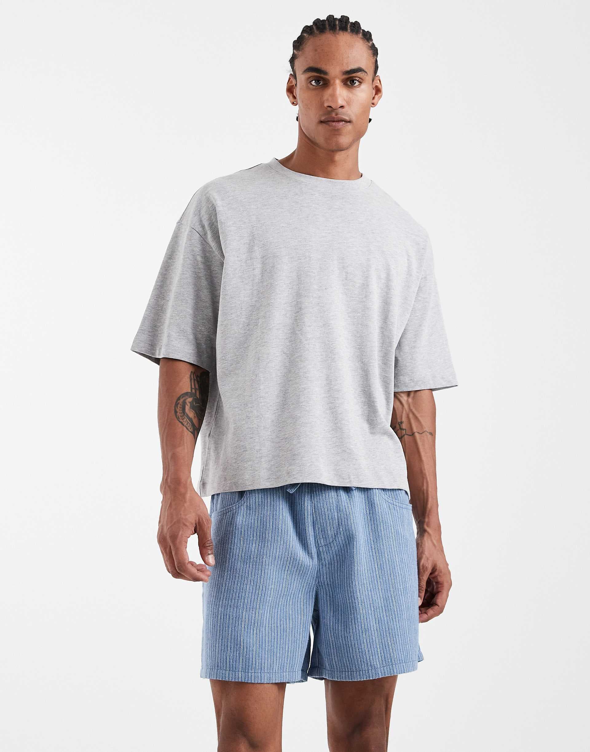 ASOS DESIGN shorter length shorts in blue and white pinstripes