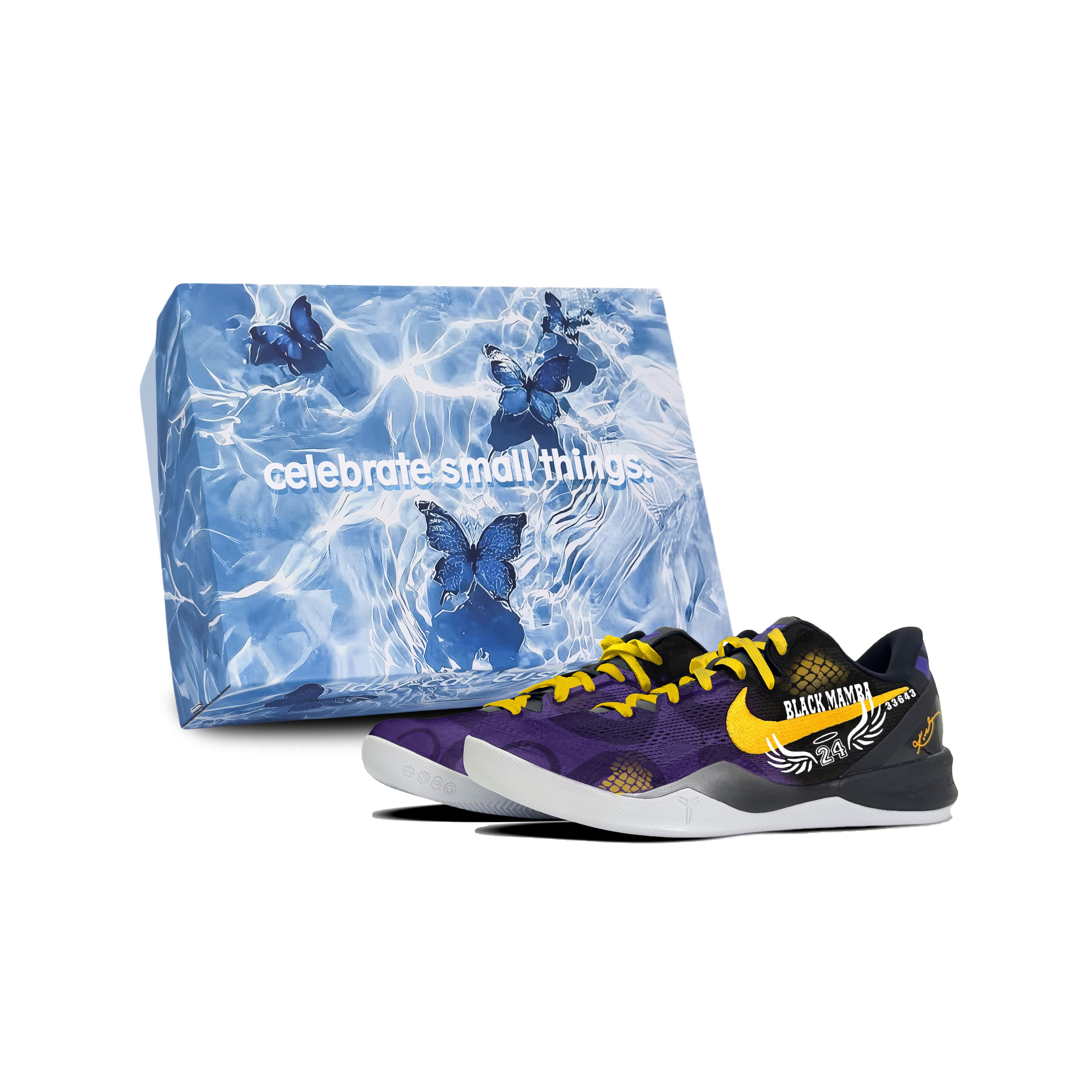 Custom Sneakers Nike Kobe 8 Protro "Lakers Away" 'Nirvana Wings' Gift Box Edition Graffiti Style Personality Fashion Versatile Campus Low-Top Basketball Shoes Unisex Black Purple Yellow