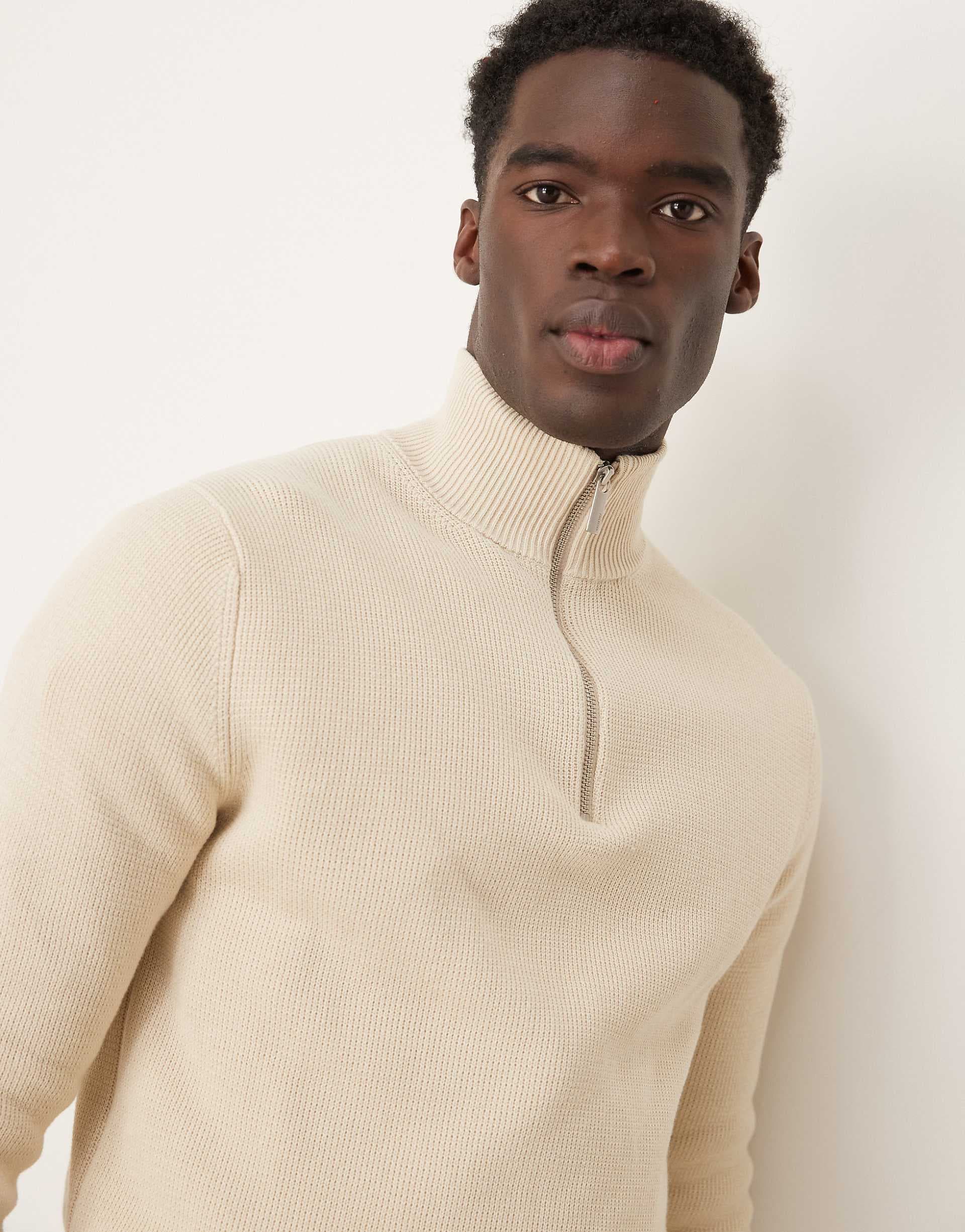 Selected 100% cotton knit half zip sweater in cream