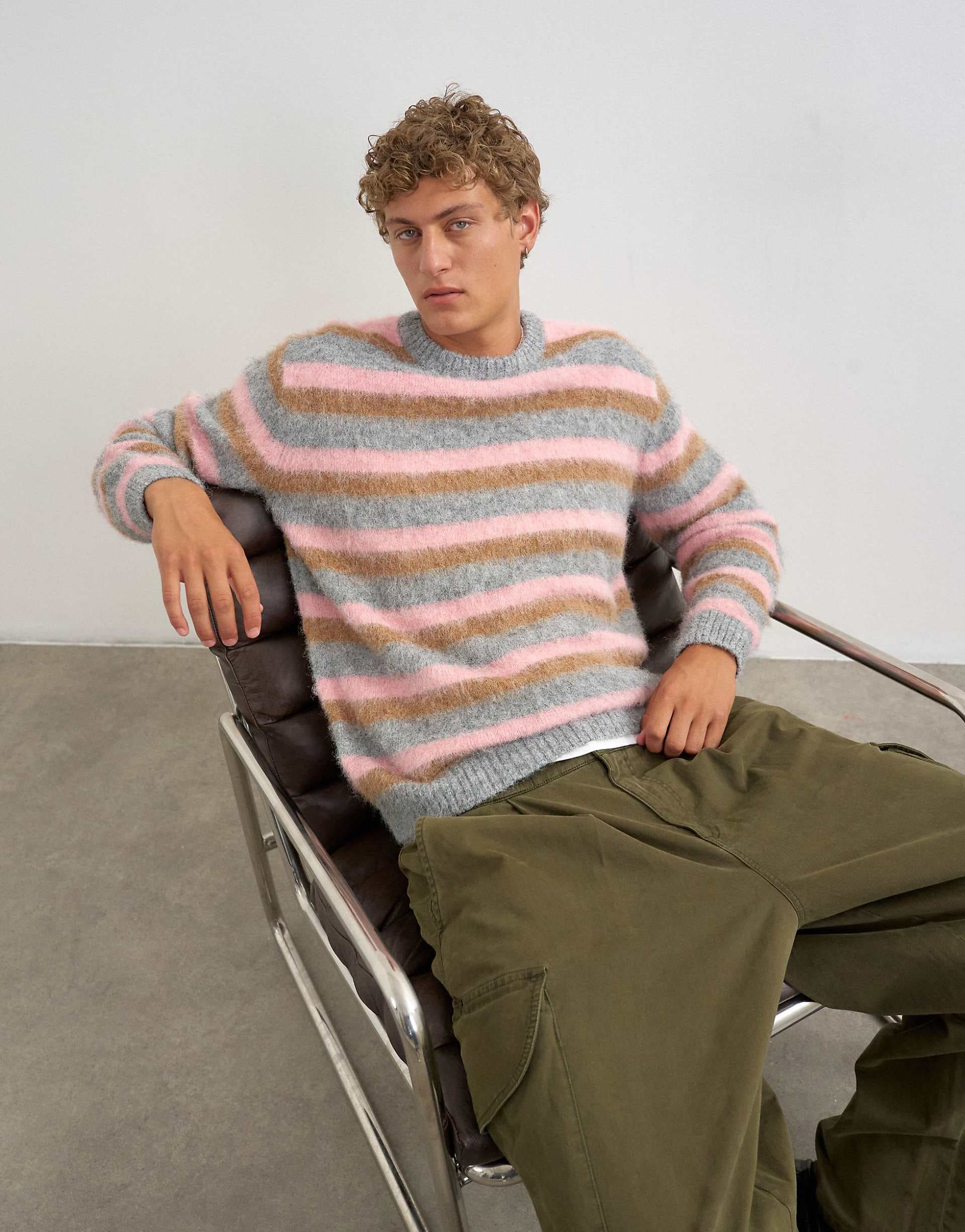 Topman classic fit fluffy sweater with stripes in pink
