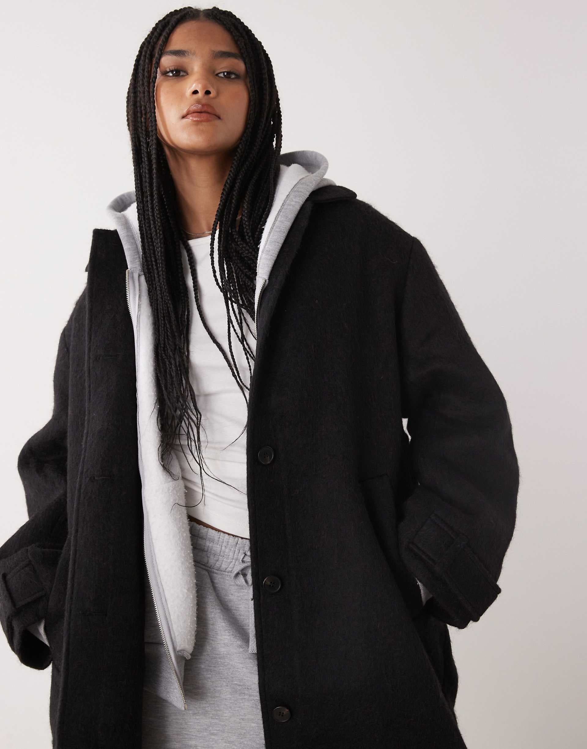 Monki longline coat with wool in black