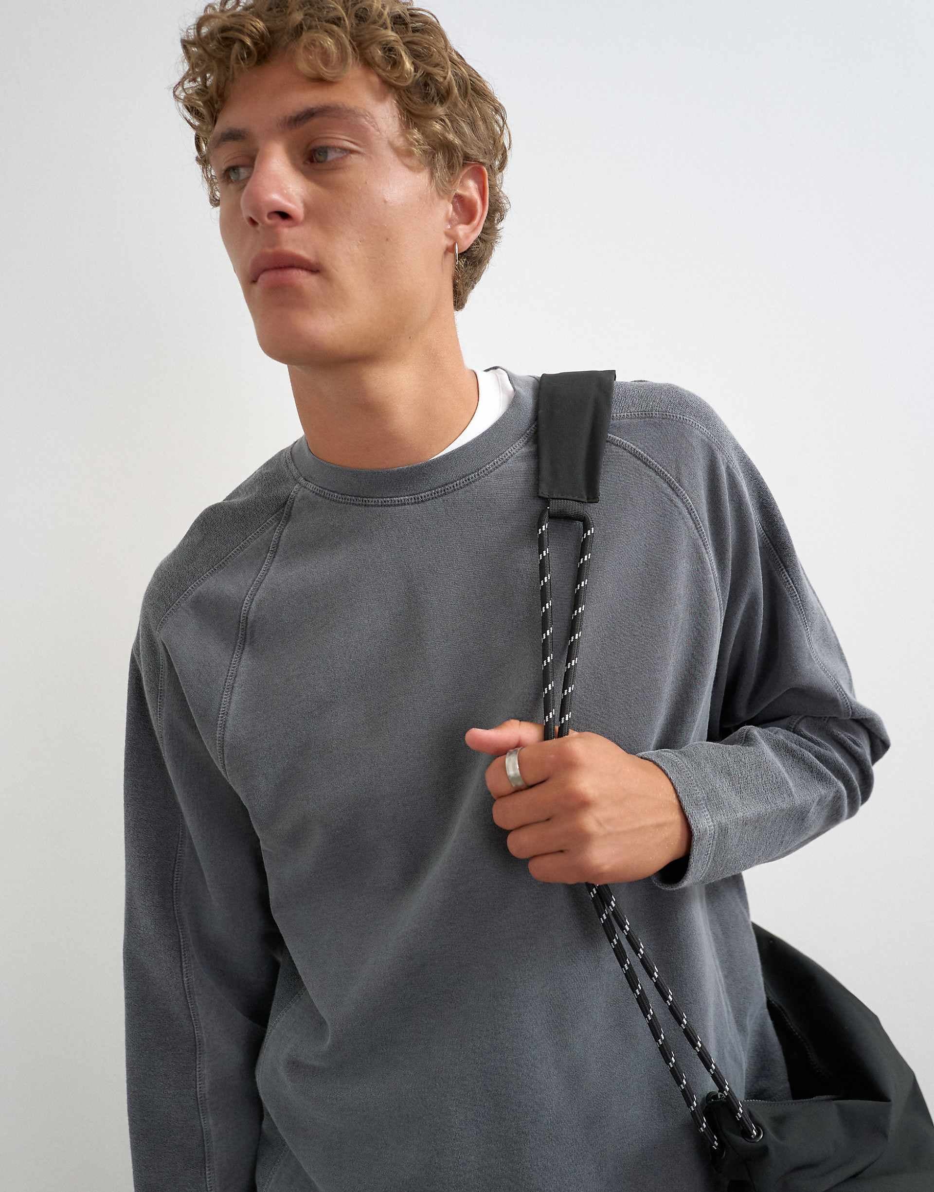Topman relaxed fit crop long sleeve T-shirt with panel detail in washed gray