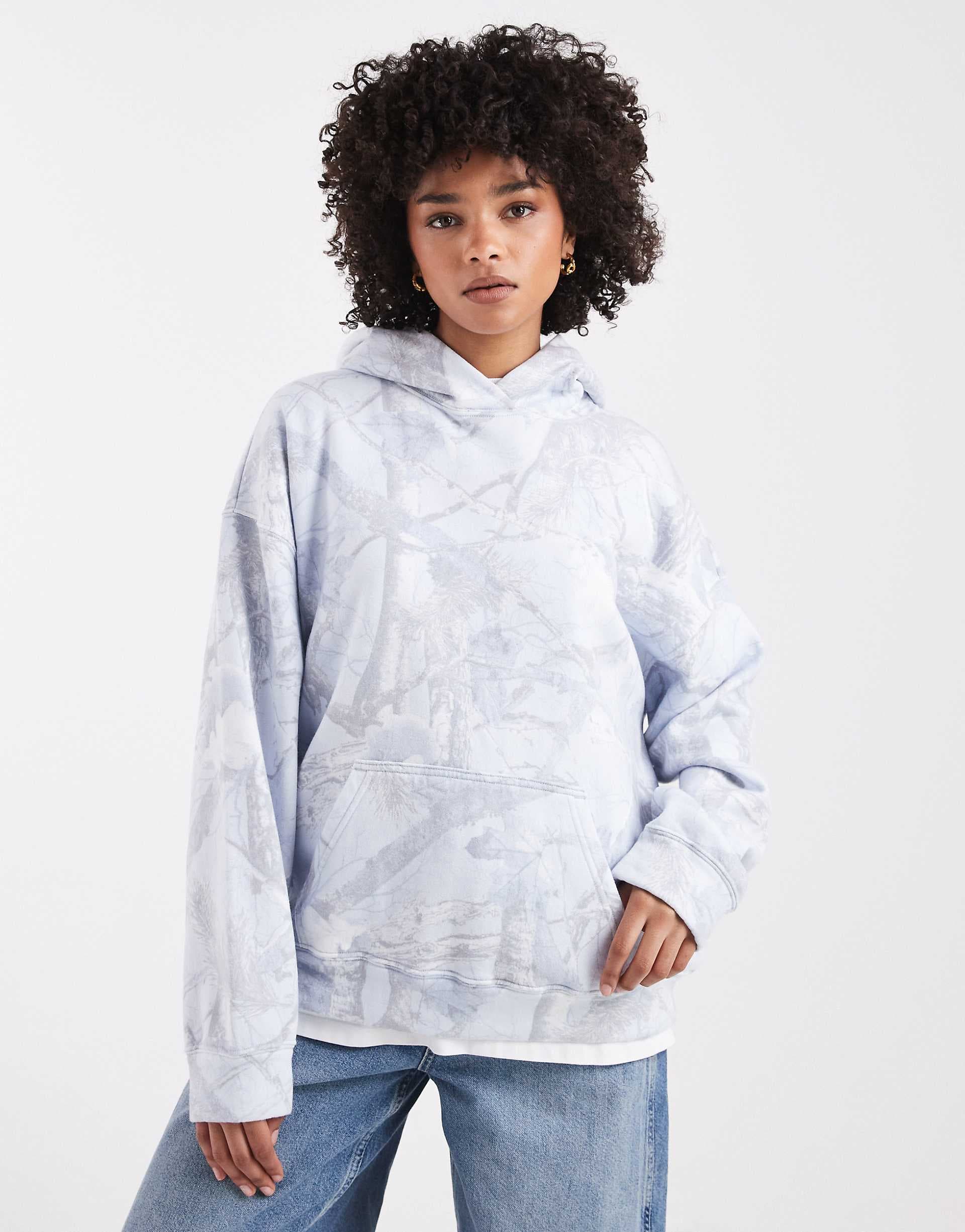 Hollister mini logo boyfriend hoodie in light blue abstract print