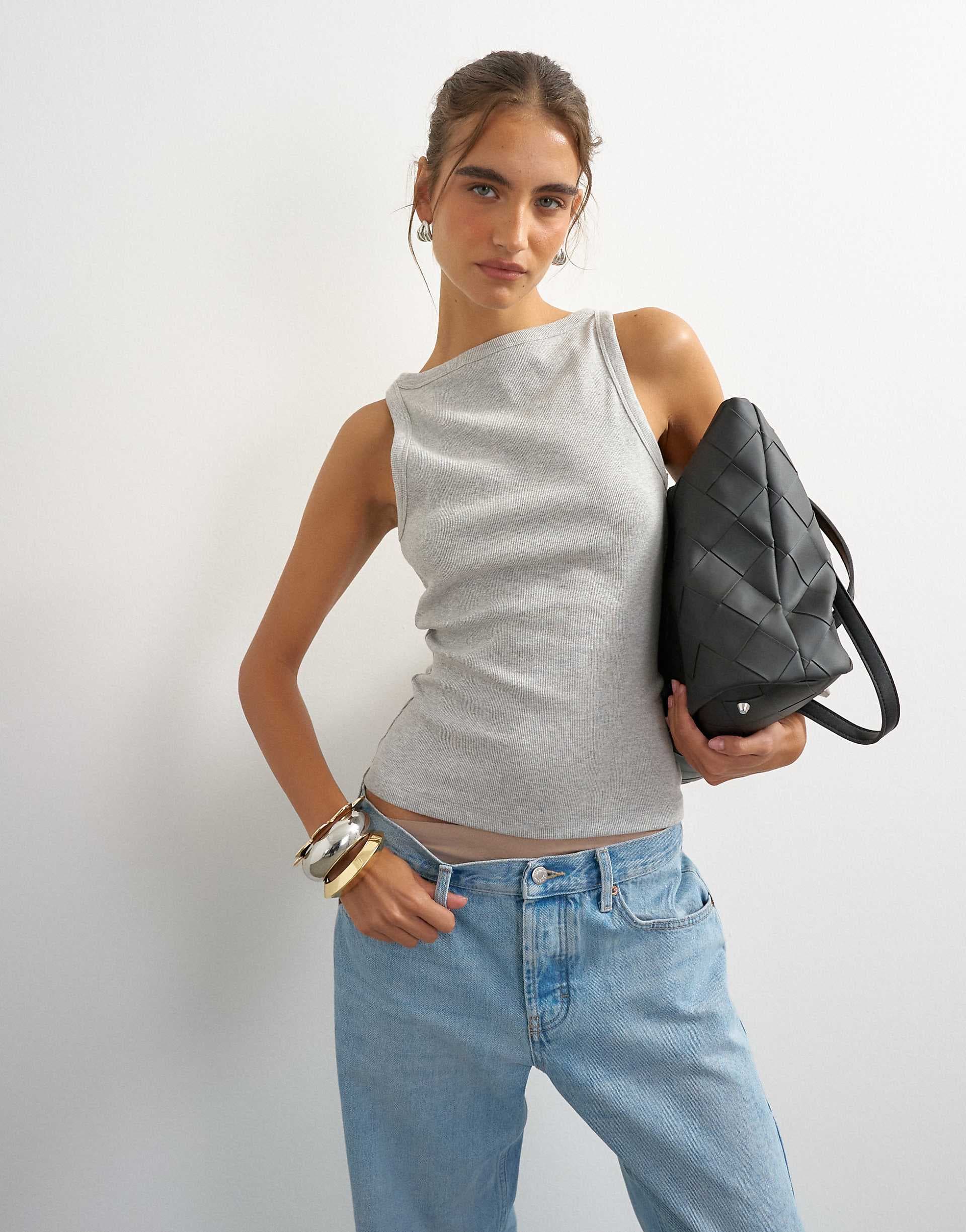 Topshop slash neck racer back tank top in heather gray