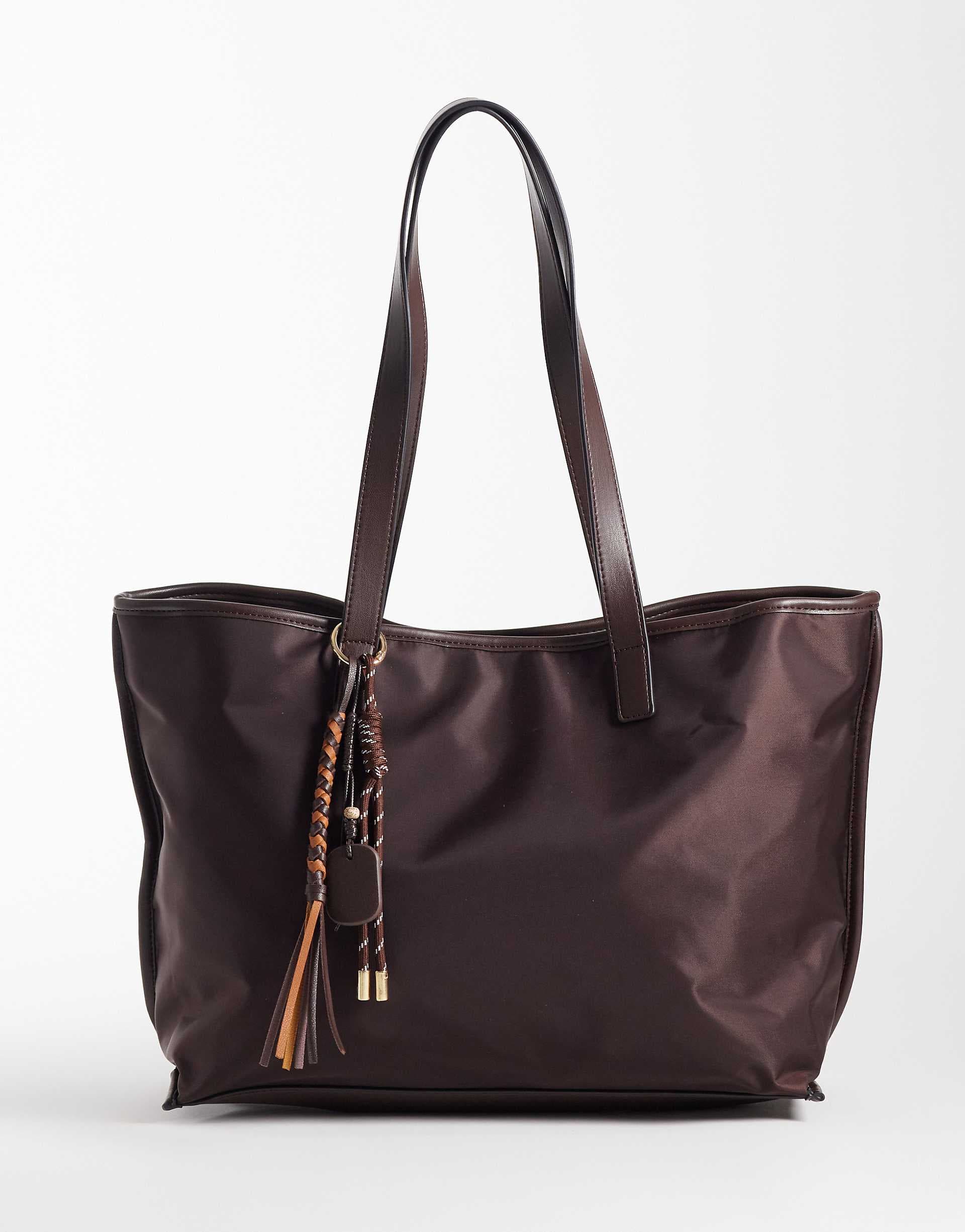 ASOS DESIGN nylon tote bag with detachable charm in chocolate
