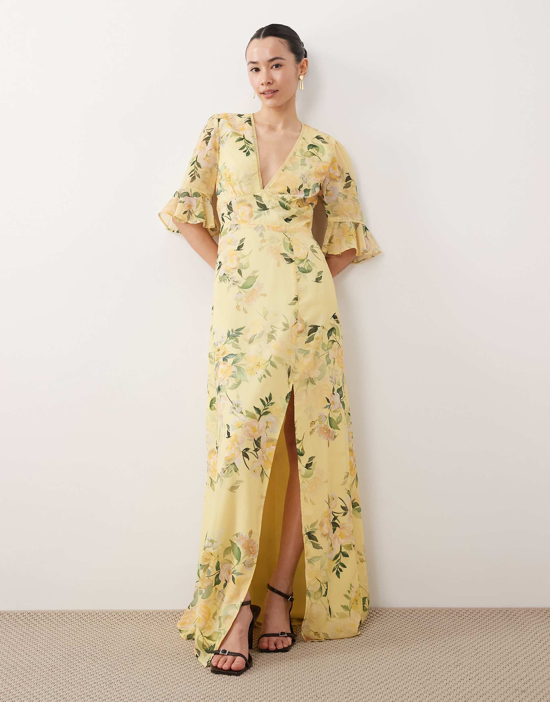 Hope & Ivy Petite frill sleeve thigh slit open back maxi dress in yellow floral print