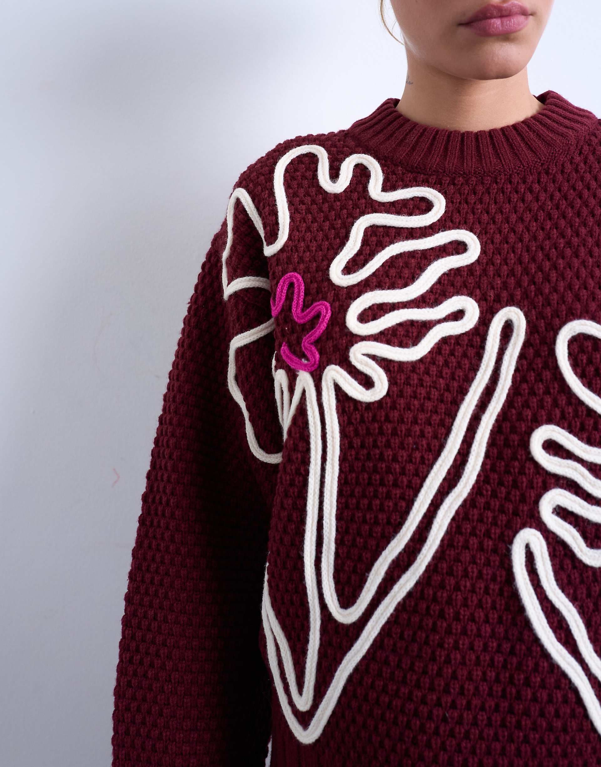 Topshop knit embroidered floral sweater in burgundy