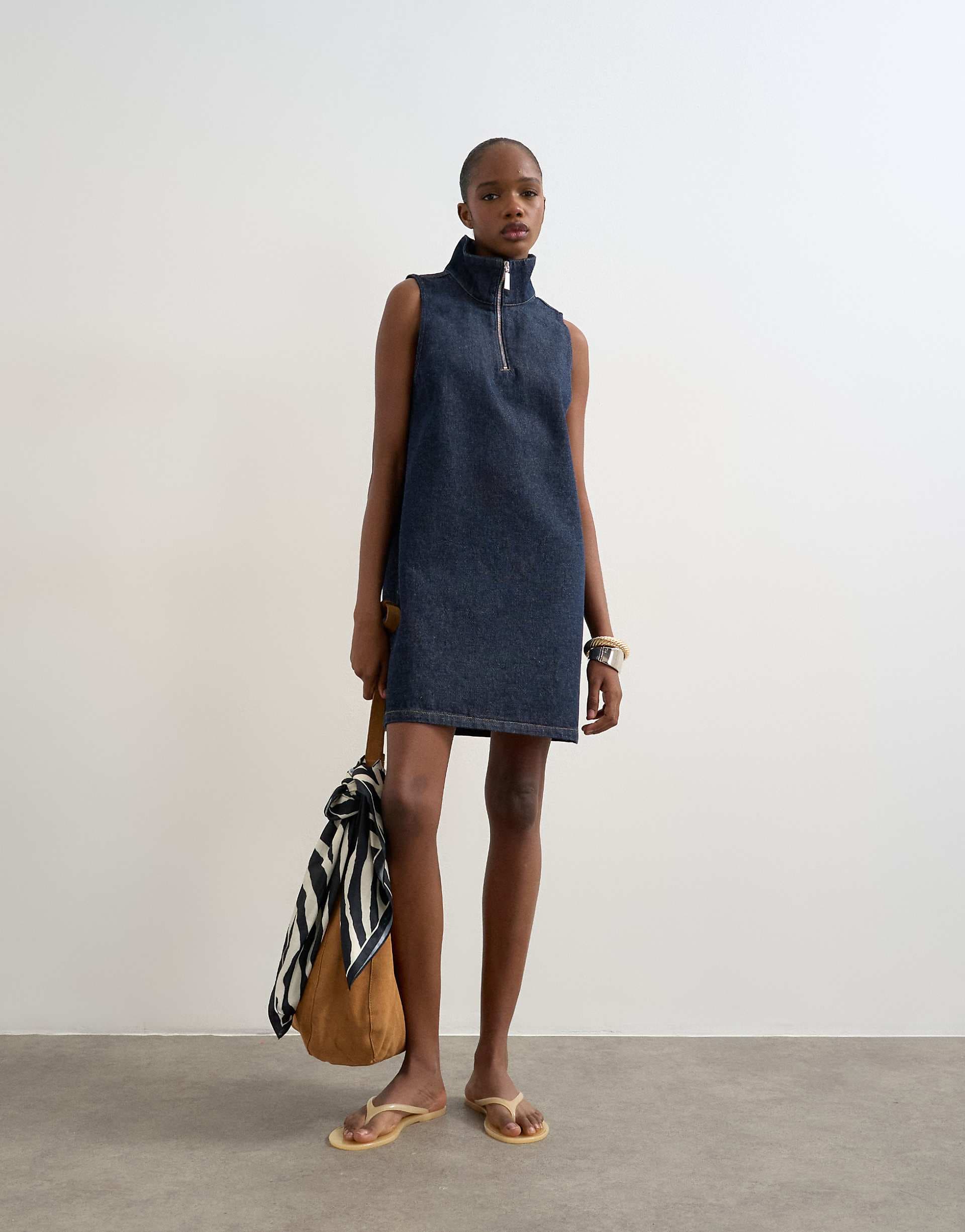 Topshop denim funnel neck pinafore dress in blue rinse