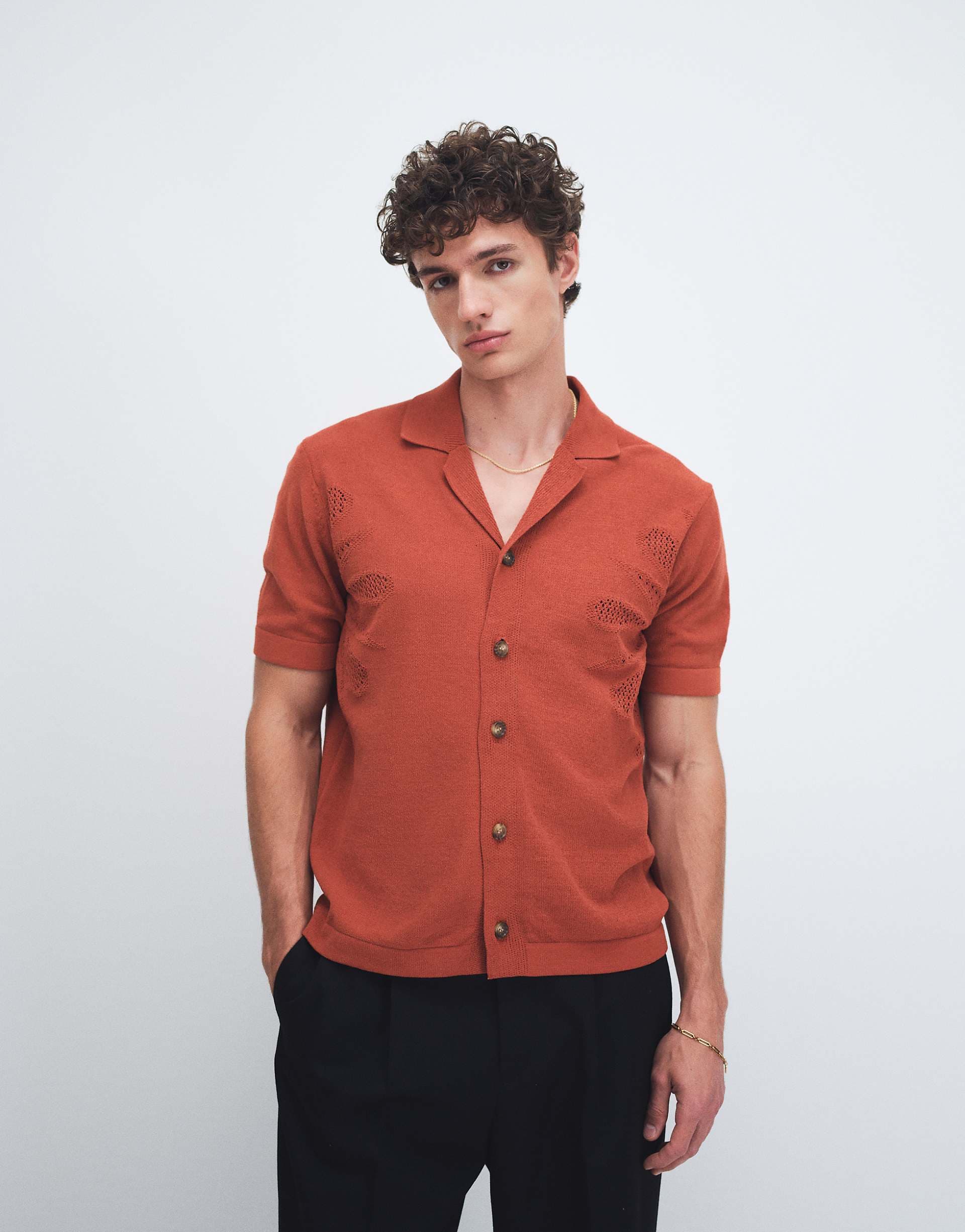 ONLY & SONS short sleeve knit shirt with floral detail in burnt red