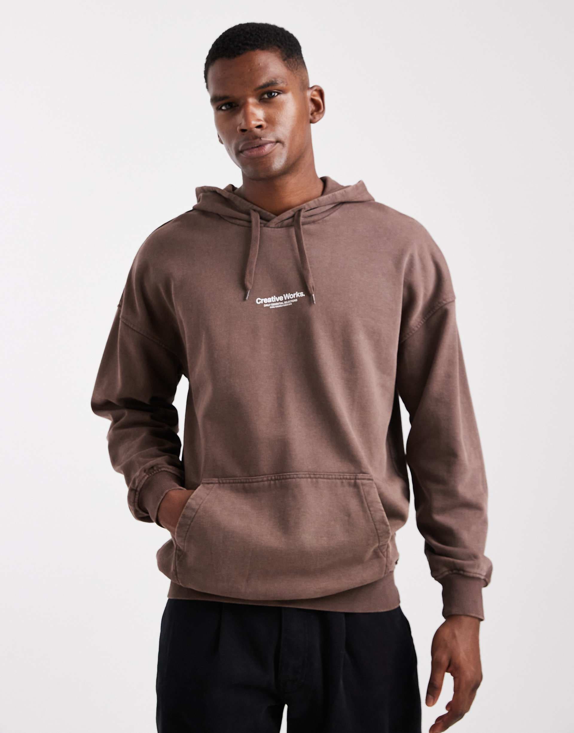 ONLY & SONS hoodie with creative works print in dark brown