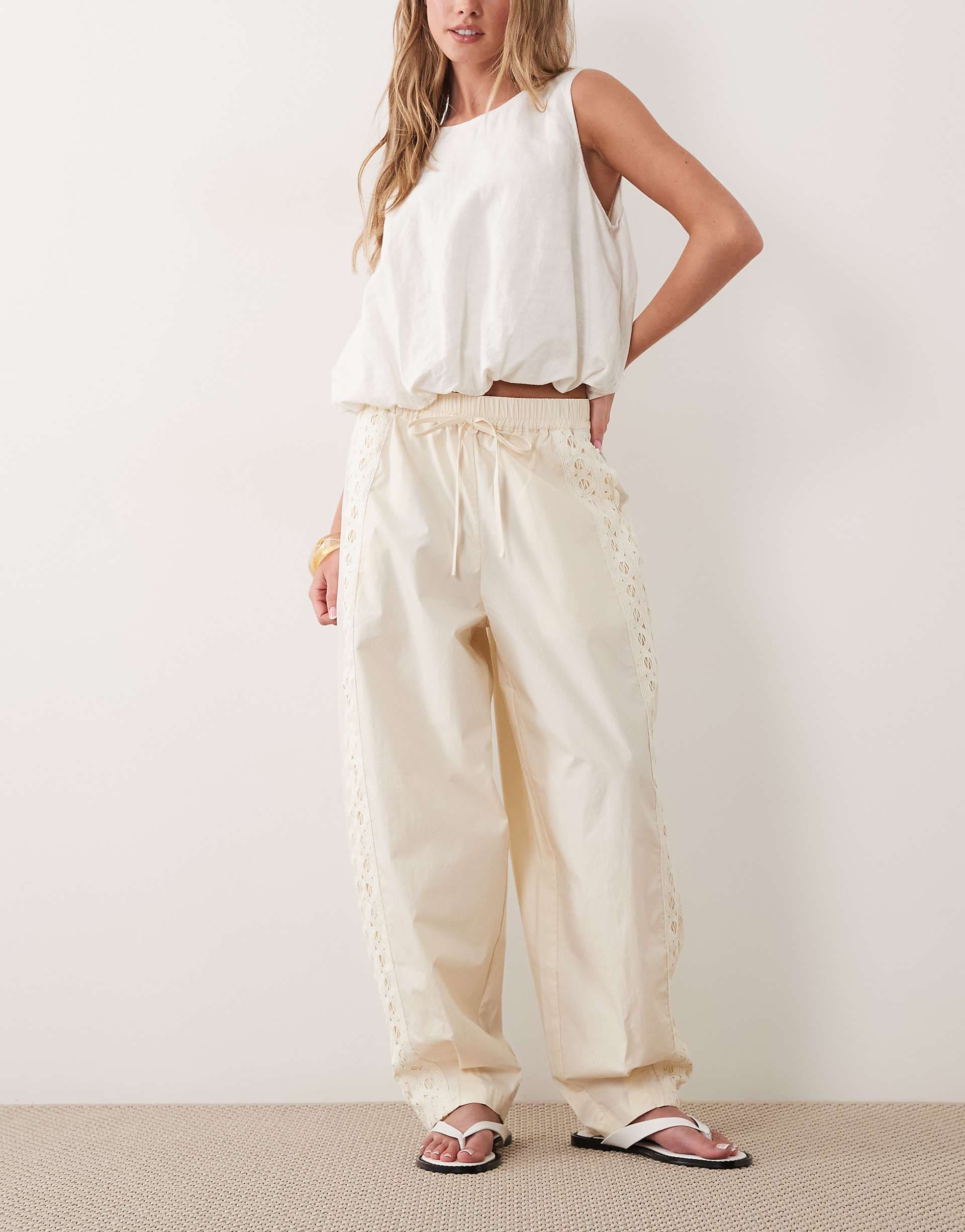 Mango tie waist barrel leg pants with embroidery detail in cream