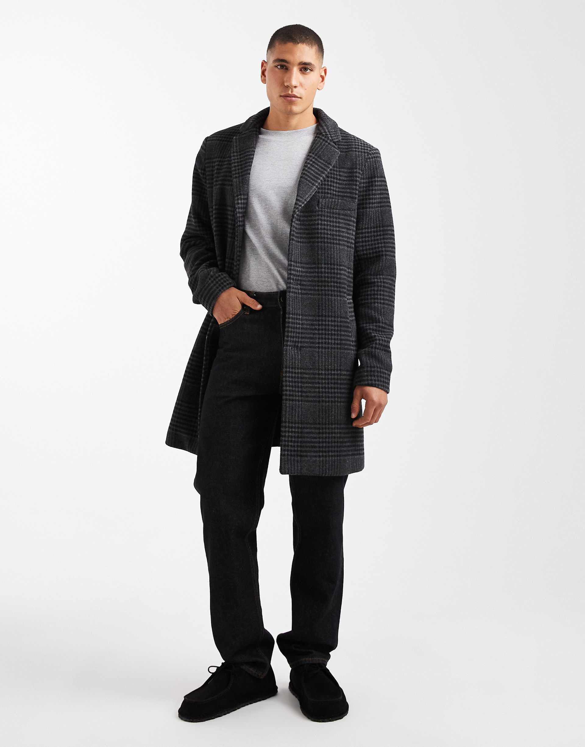 ONLY & SONS drop shoulder longline wool coat in gray plaid