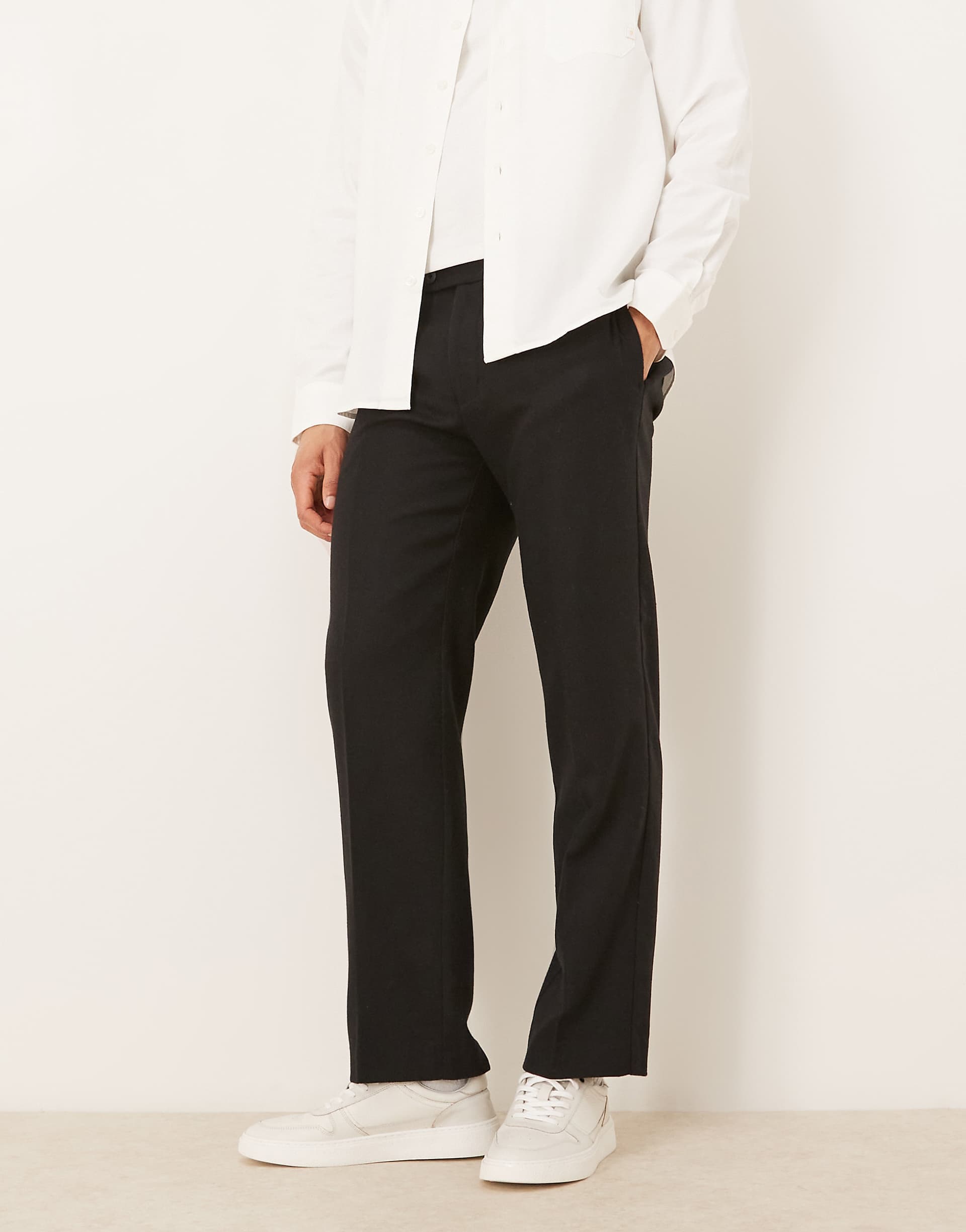 ASOS DESIGN tailored straight leg pants with wool blend in black with side adjusters