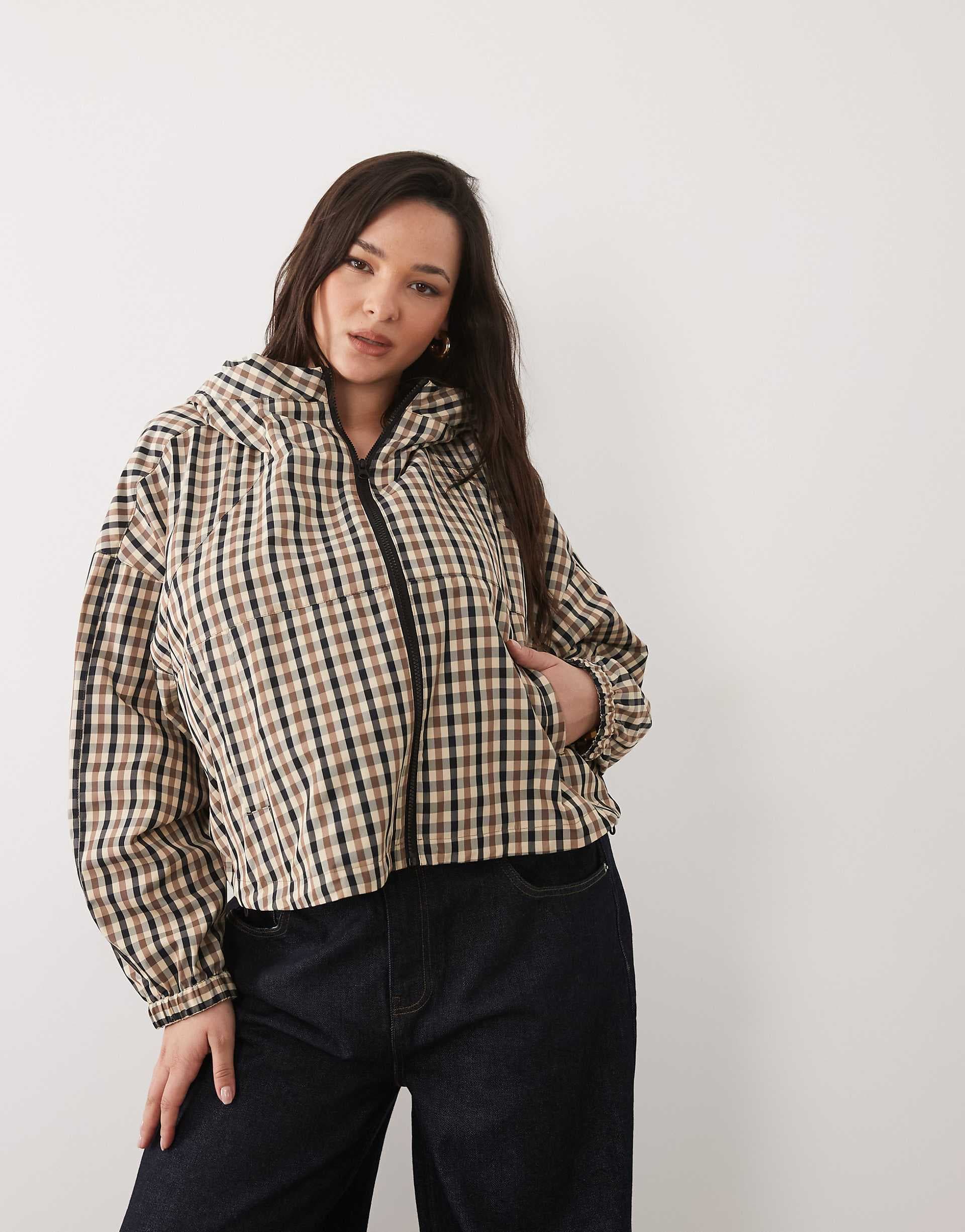 ASOS DESIGN Curve hooded bubble hem bomber jacket in stone multi plaid