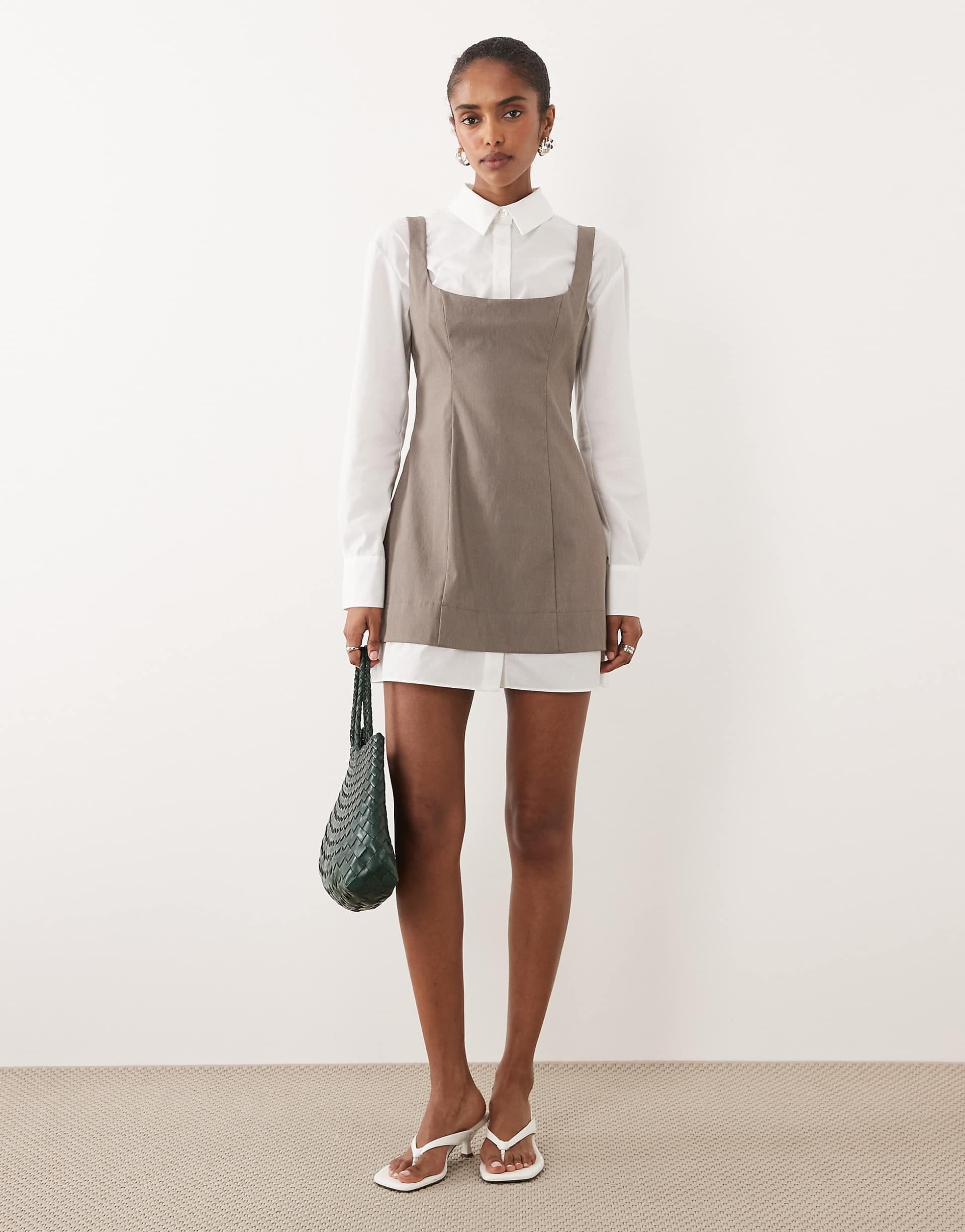 ASOS DESIGN 2 in 1 shirt scoop neck mini dress in light brown