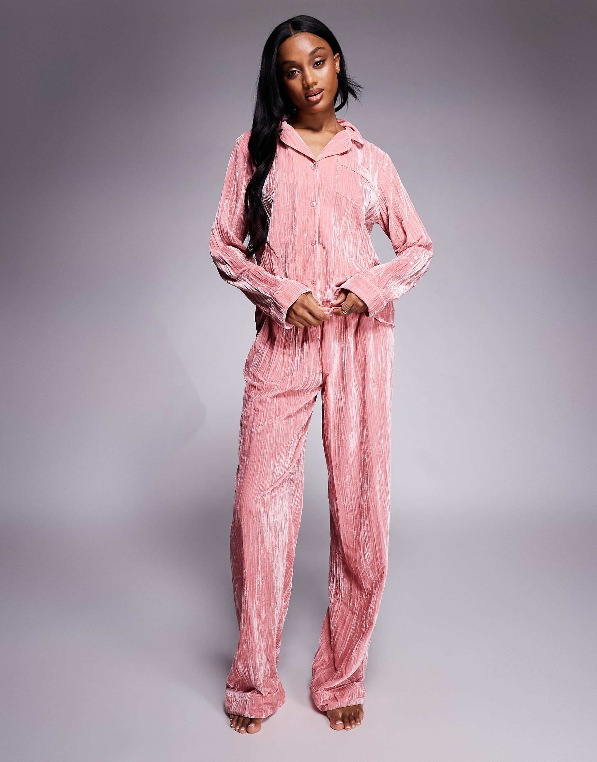 ASOS DESIGN Tall velvet texture pajama set in pink