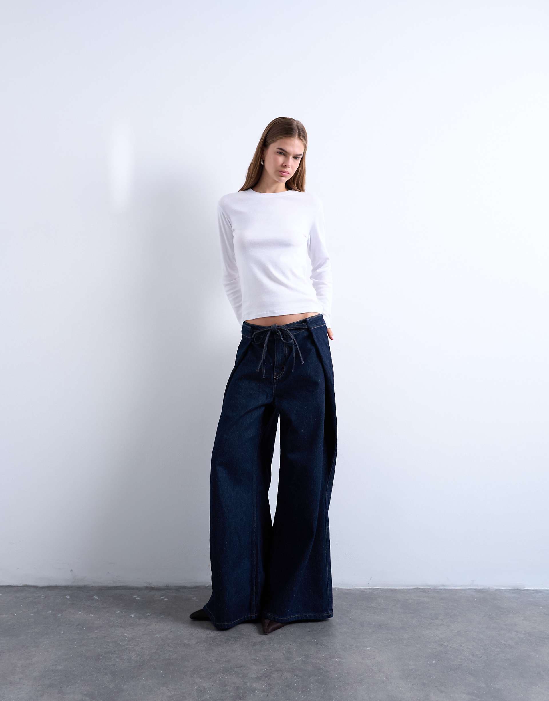 Topshop deep pleated tie front jeans in indigo