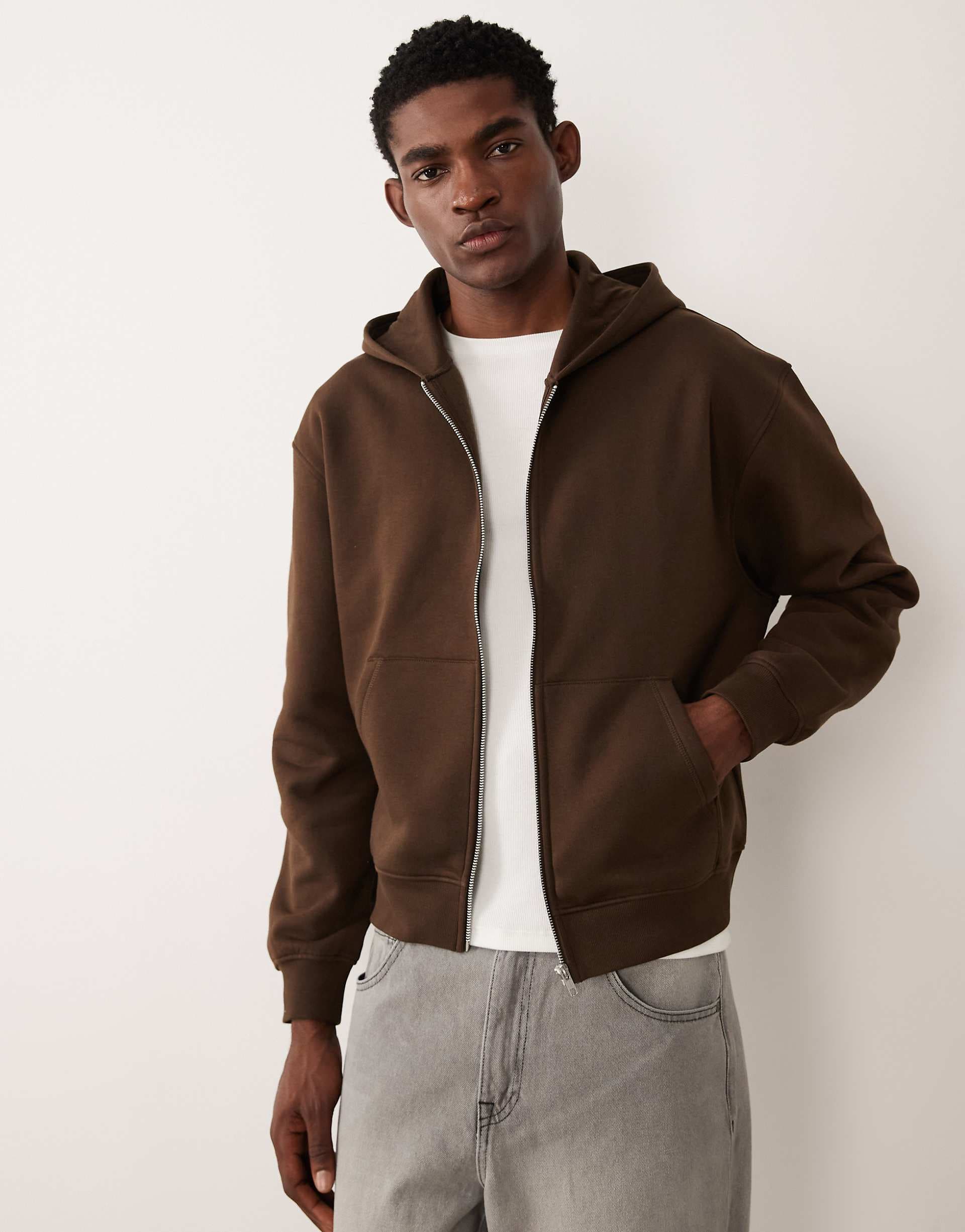 ASOS DESIGN Essentials boxy relaxed zip through hoodie in brown