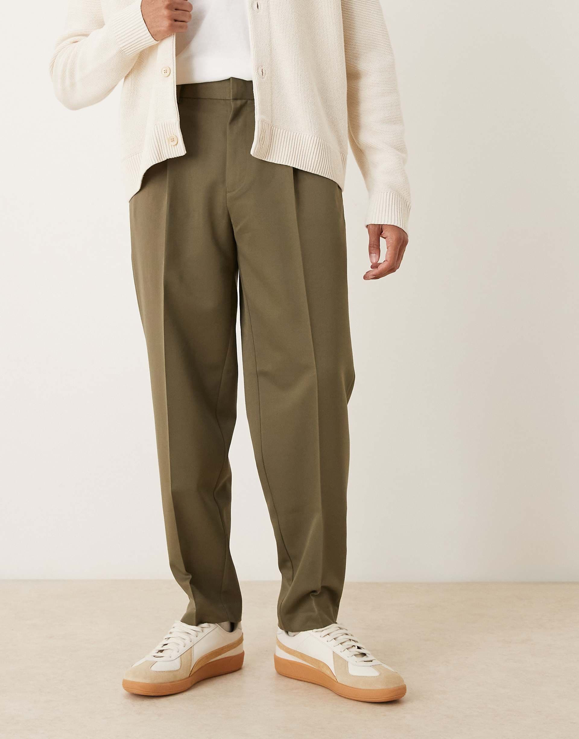 ASOS DESIGN tailored oversized tapered pants with front pleats in khaki