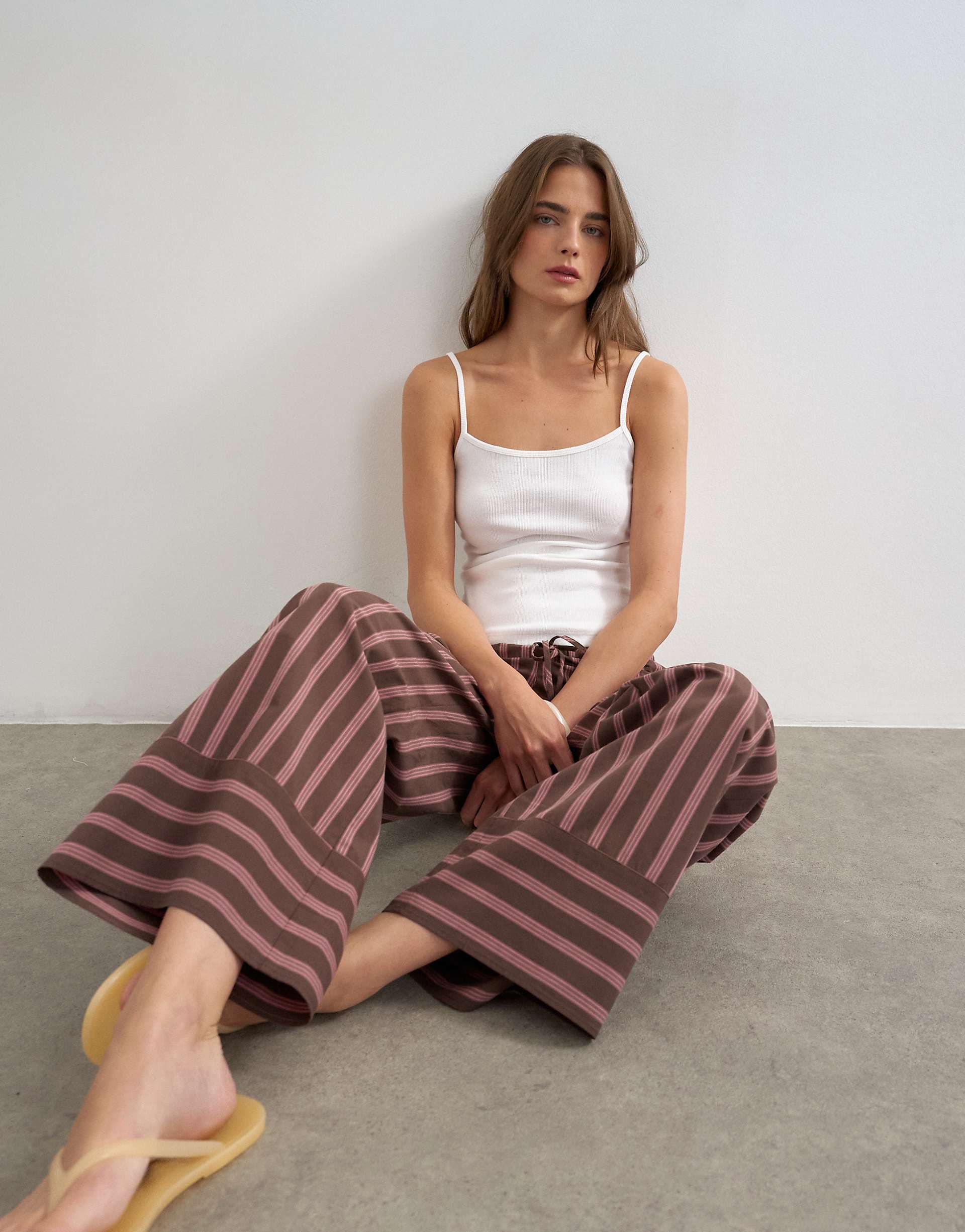 Topshop stripe tie waist wide leg pants in brown and pink