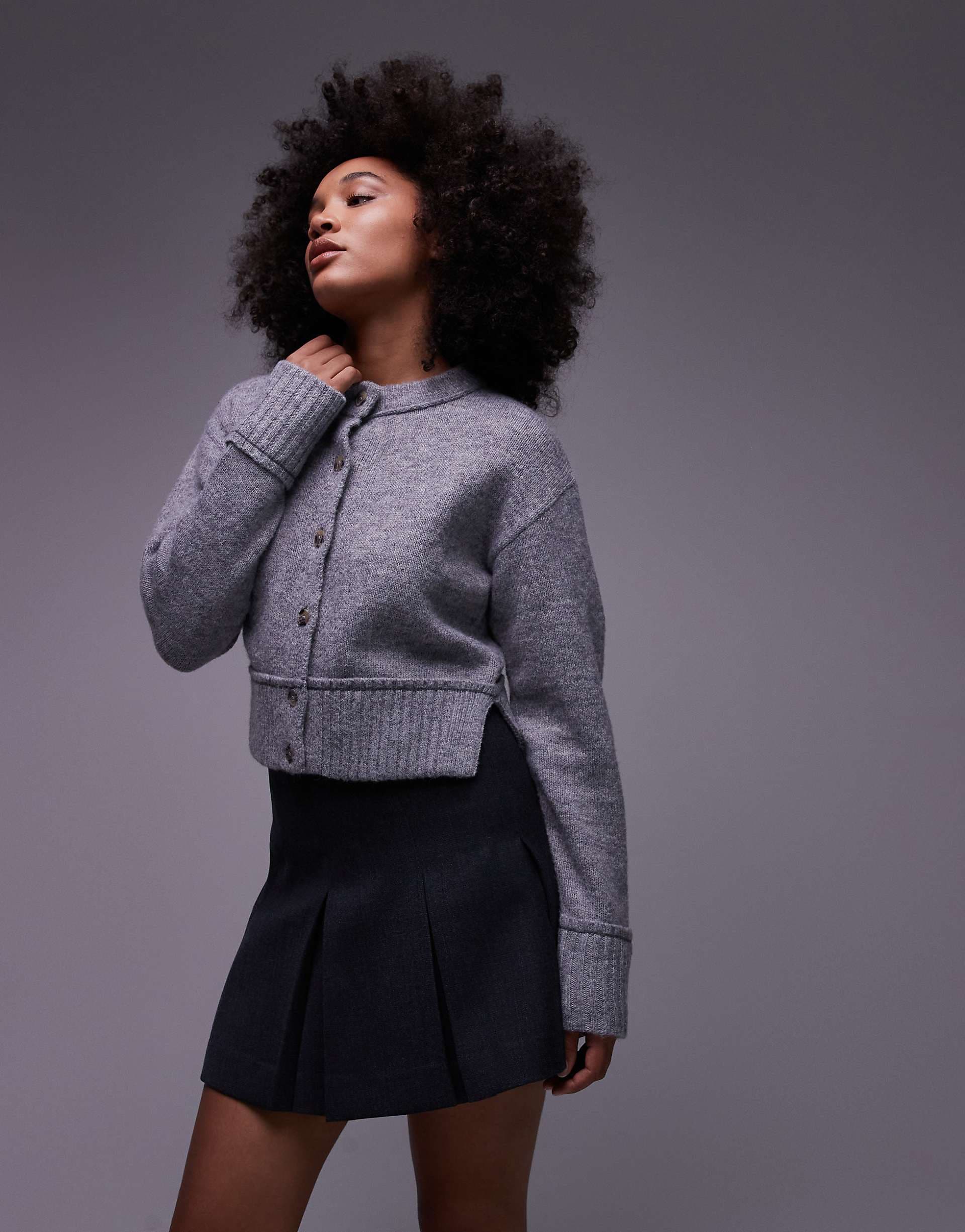 COLLUSION fluffy knit crew neck cardigan in gray
