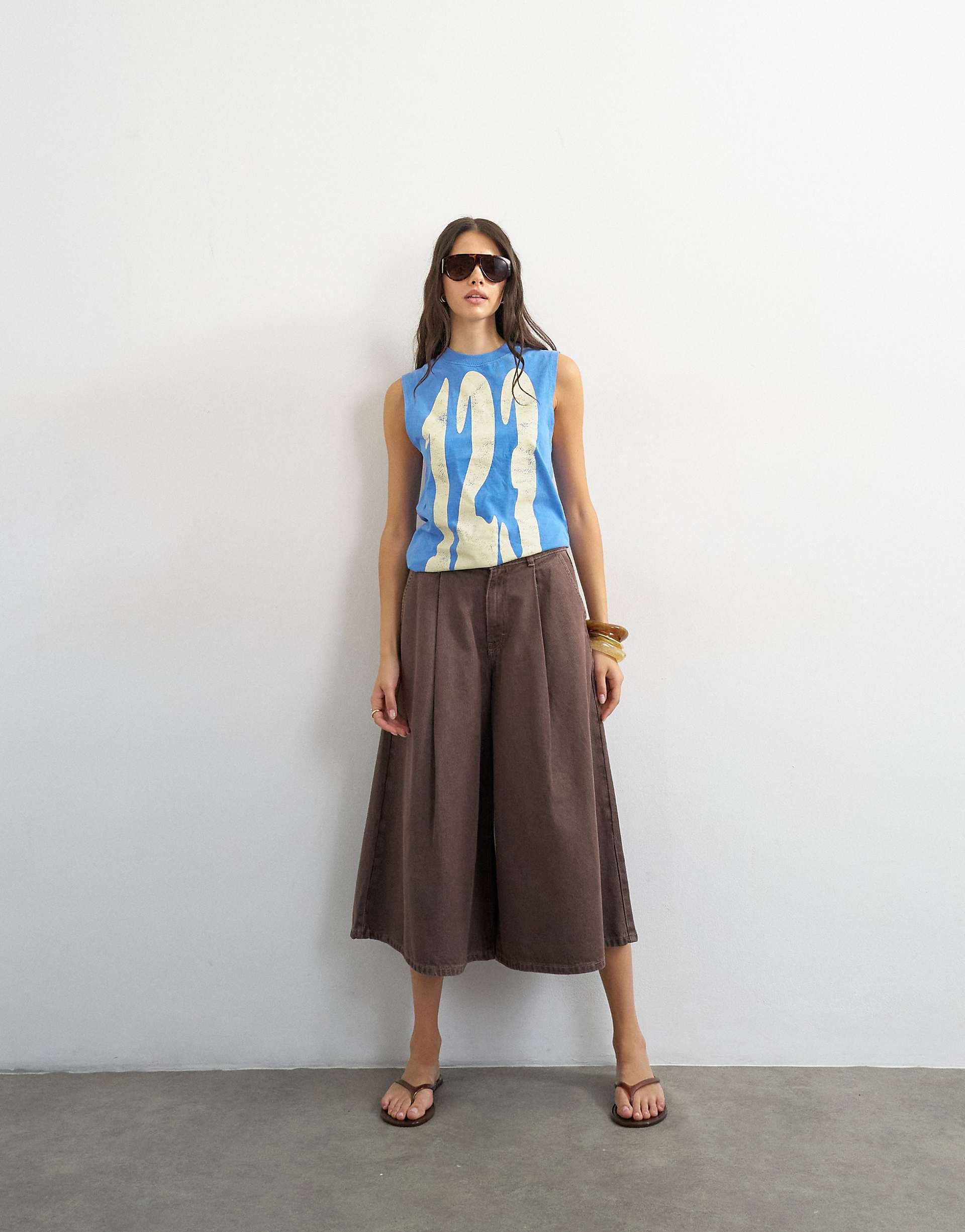 Topshop denim pleated culottes in brown rinse